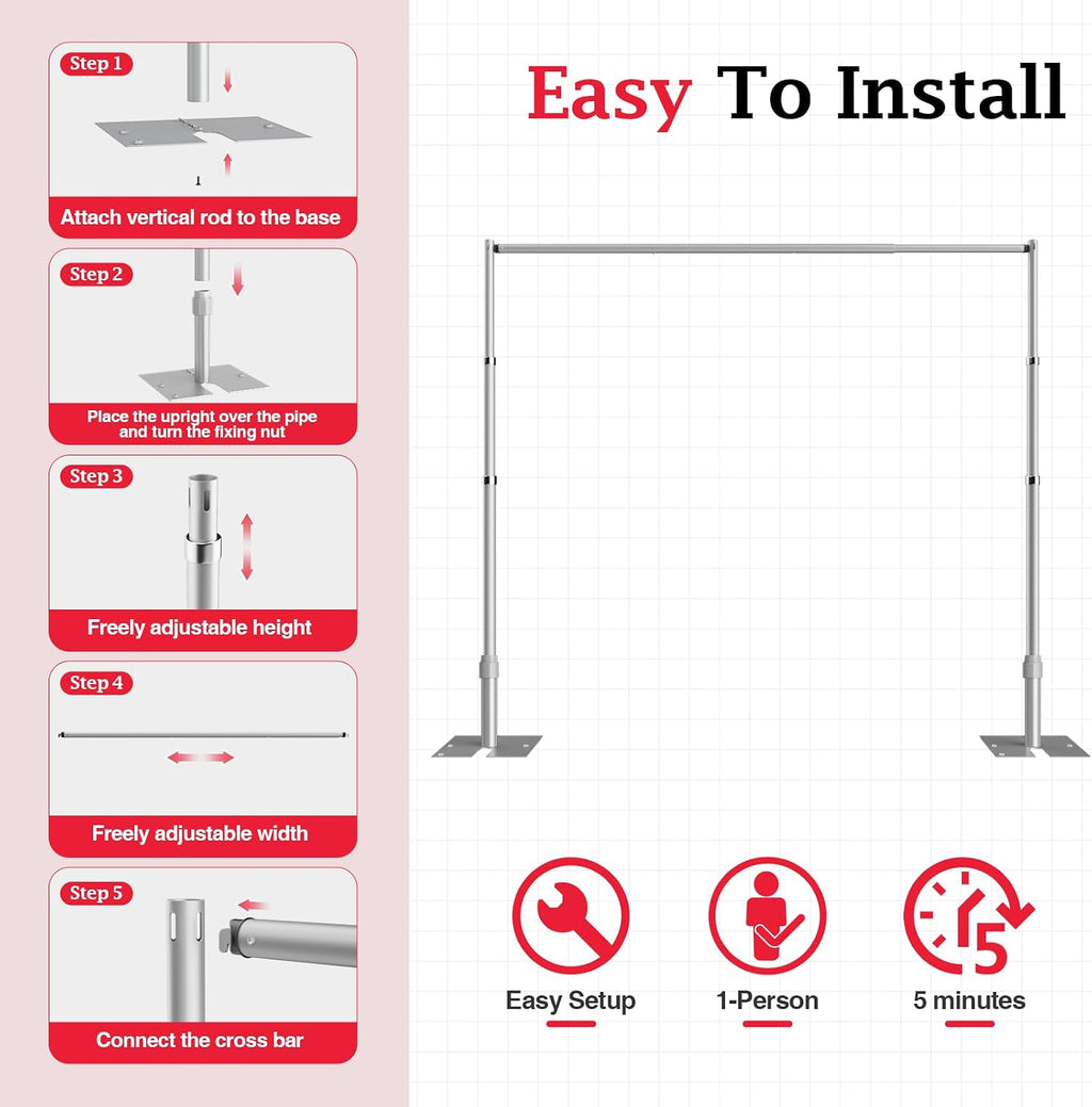EMART Pipe and Drape Backdrop Stand Kit with 6 inch White Clamps, 8.9ftx10ft Heavy Duty Adjustable Photo Background for Wedding, Birthday Party, Banquet Decorations - Silver