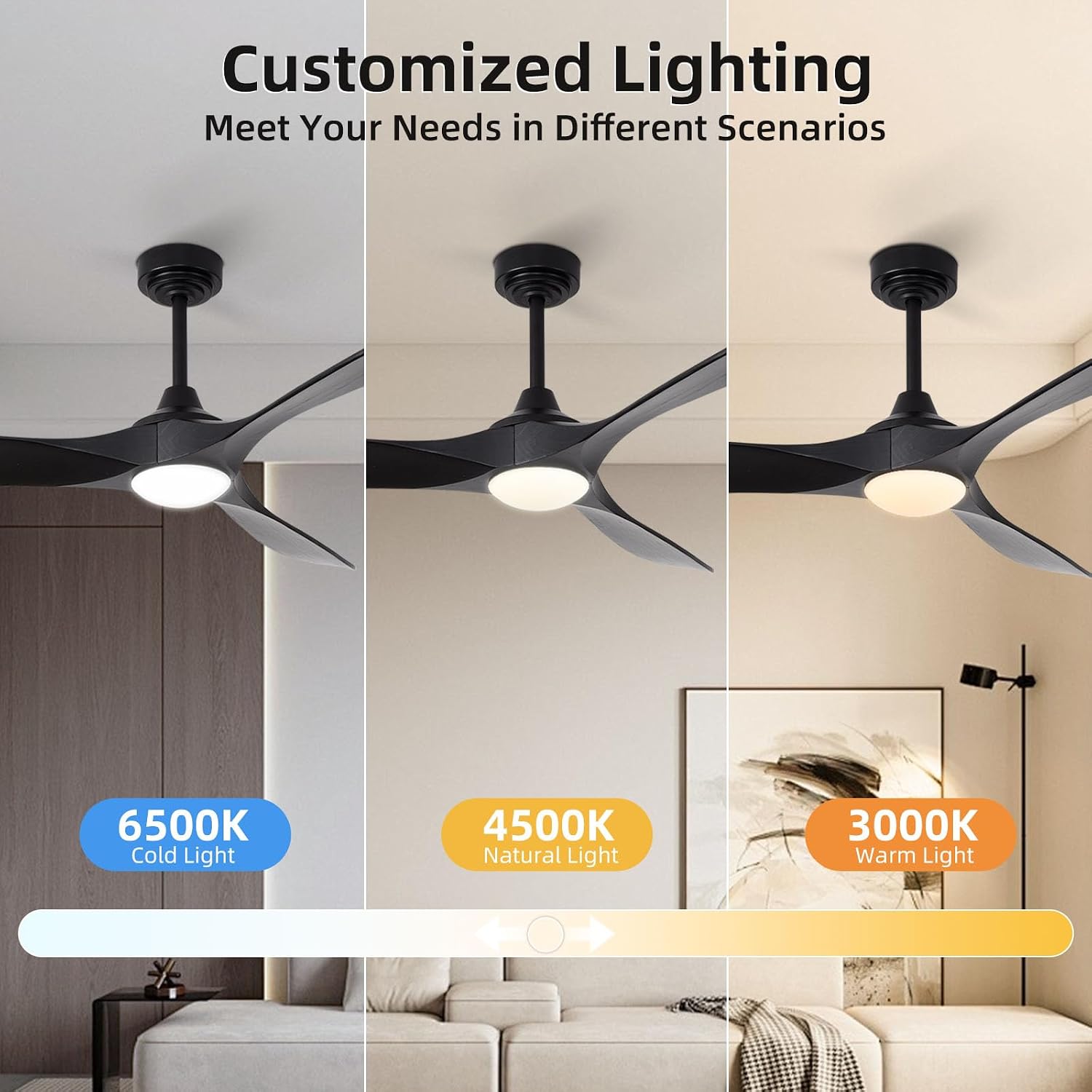 52' Outdoor Ceiling Fan with Light and Remote via WiFi Alexa, 3 Black Solid Wood Blade, Noiseless Reversible Dc Motor, Smart Outdoor Wood Ceiling Fan for Farmhouse Patios, Black