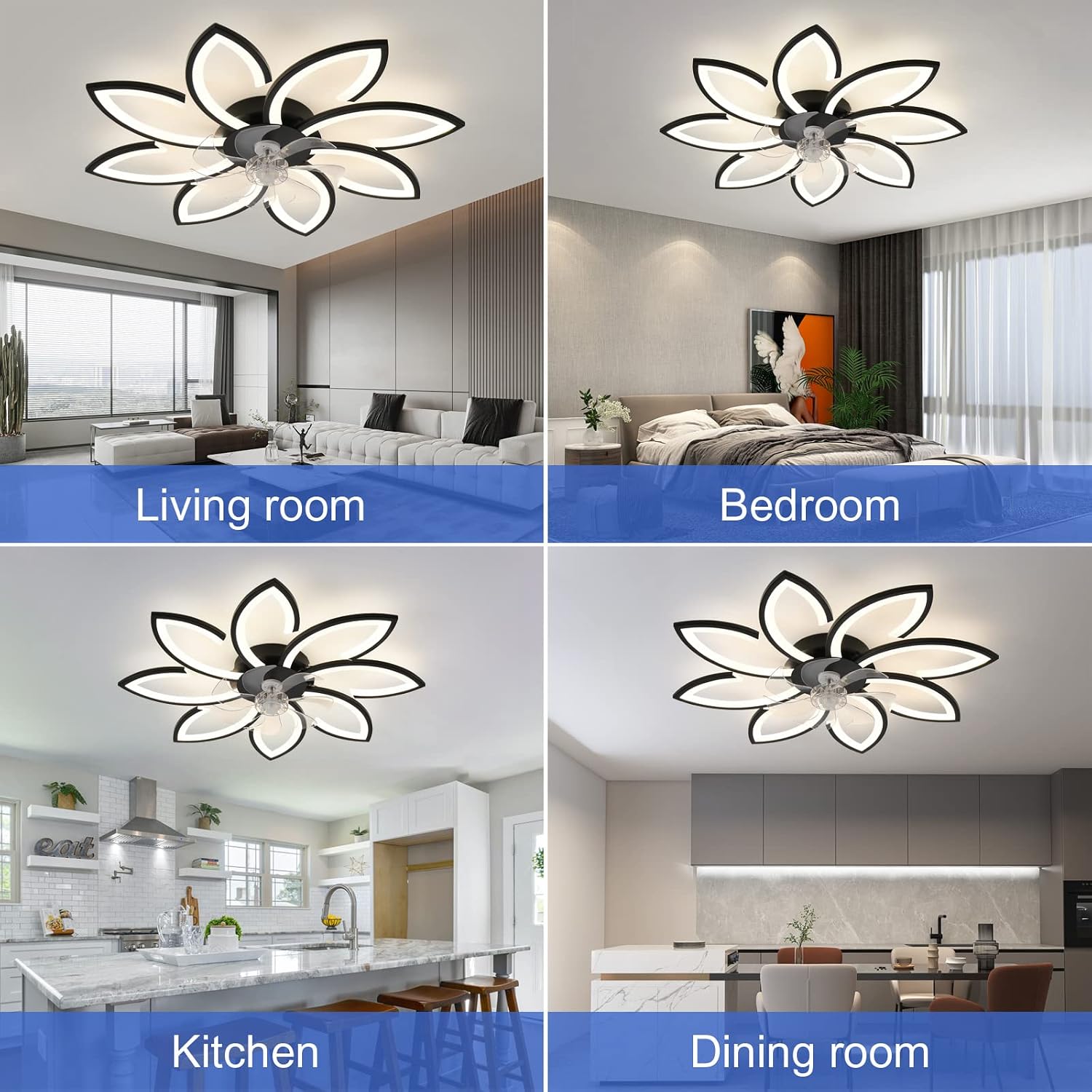 35' Geometric Ceiling Fan with Light Remote Control, 6 Speeds 3 Colors, Black Low Profile Flush Mount Ceiling Fan for Kitchen Bedroom Living Room