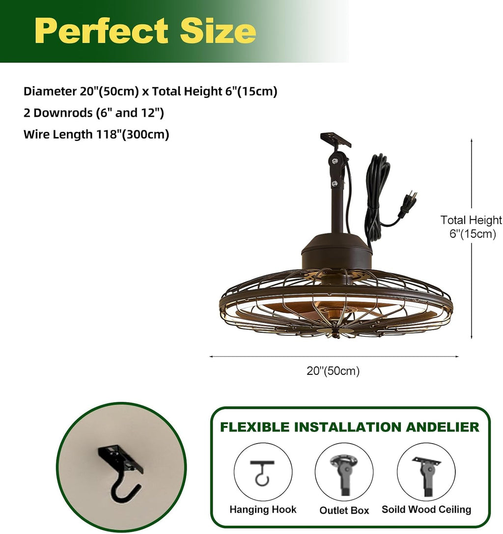 20' Outdoor Ceiling Fans with Light for Patios, IP65 Waterproof Plug in Ceiling Fan, Gazebo Hanging Fan with Remote Control App, Dimmable LED, 6-Speeds for Porch Pergola