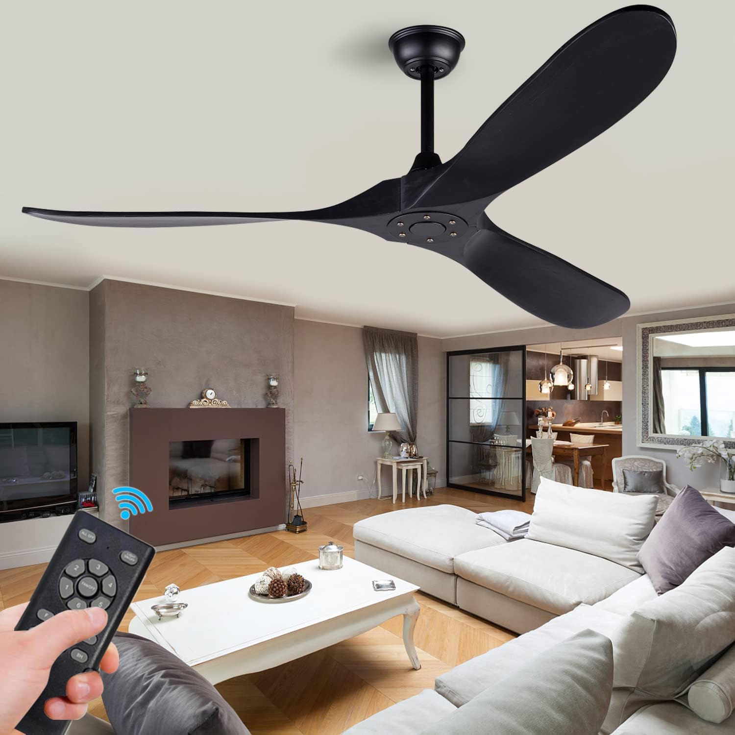 60 Inch Black Ceiling Fan No Light ，Wood Indoor Outdoor Ceiling Fans for Patios Living Room Bedroom Porch Big Farmhouse Ceiling Fan for Flat Sloped Angled Ceiling
