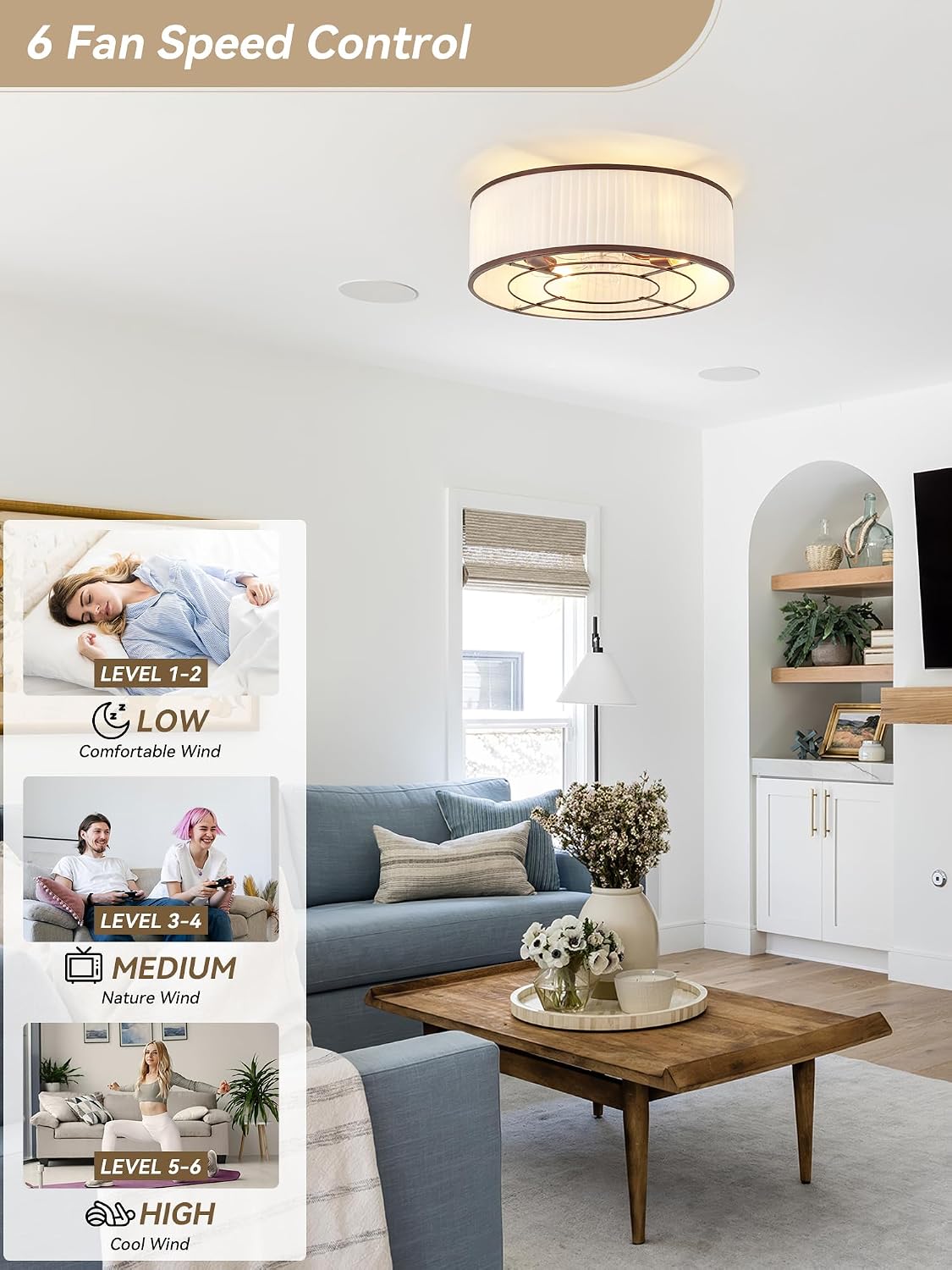 Boho Ceiling Fan with Light Flush Mount, 20' Brown Caged Ceiling Fan with Lights Remote Control, Bladeless Ceiling Fans 6 Speeds for Bedroom, Living Room, Nursery