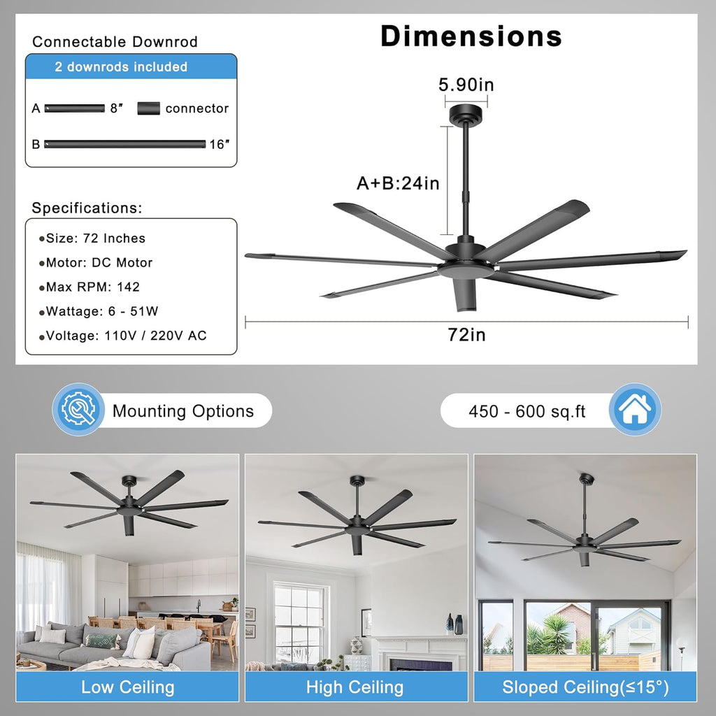 Ohniyou 72'' Ceiling Fan No Light, Black Industrial Ceiling Fan with Remote/APP, Aluminum Blades, 8000 CFM DC Motor for Outdoor Patios, Shop, Garage, Warehouse