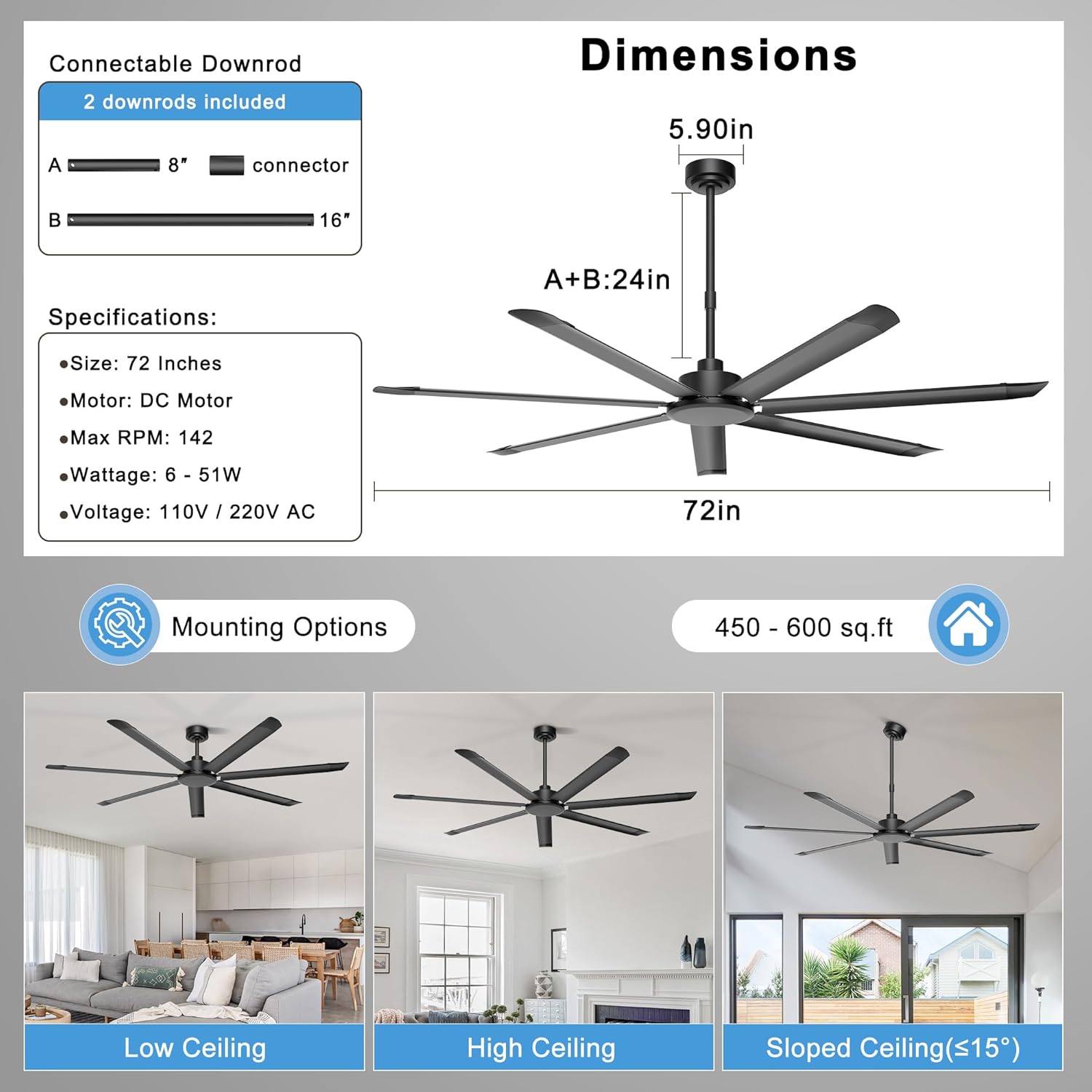 Ohniyou 72'' Ceiling Fan No Light, Black Industrial Ceiling Fan with Remote/APP, Aluminum Blades, 8000 CFM DC Motor for Outdoor Patios, Shop, Garage, Warehouse