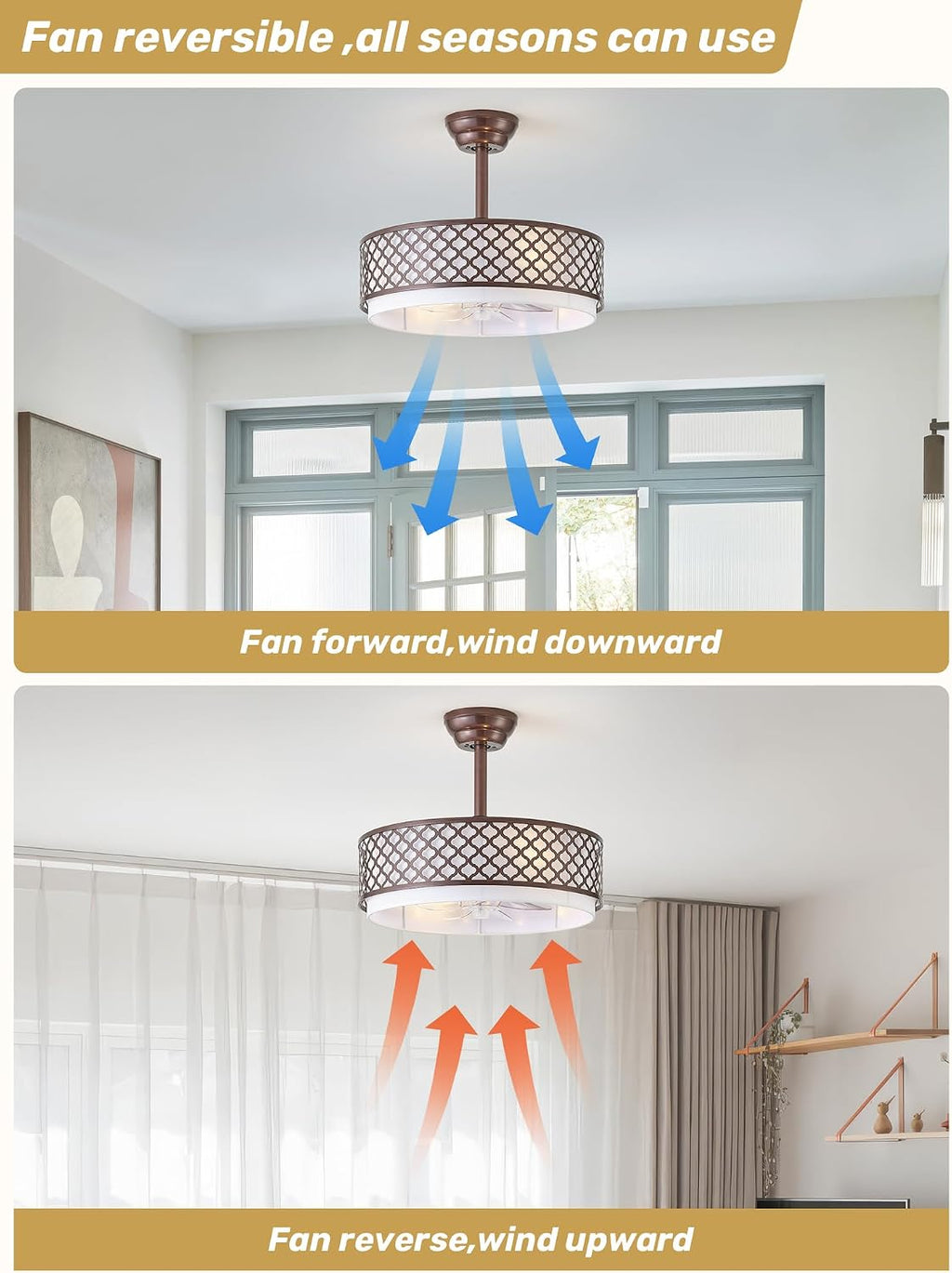 20' Brown Fandelier Ceiling Fan with Lights, Rustic Farmhouse Caged Ceiling Fan with Light Remote Control, Rattan with 6 Speeds for Bedroom, Nursery, Living Room