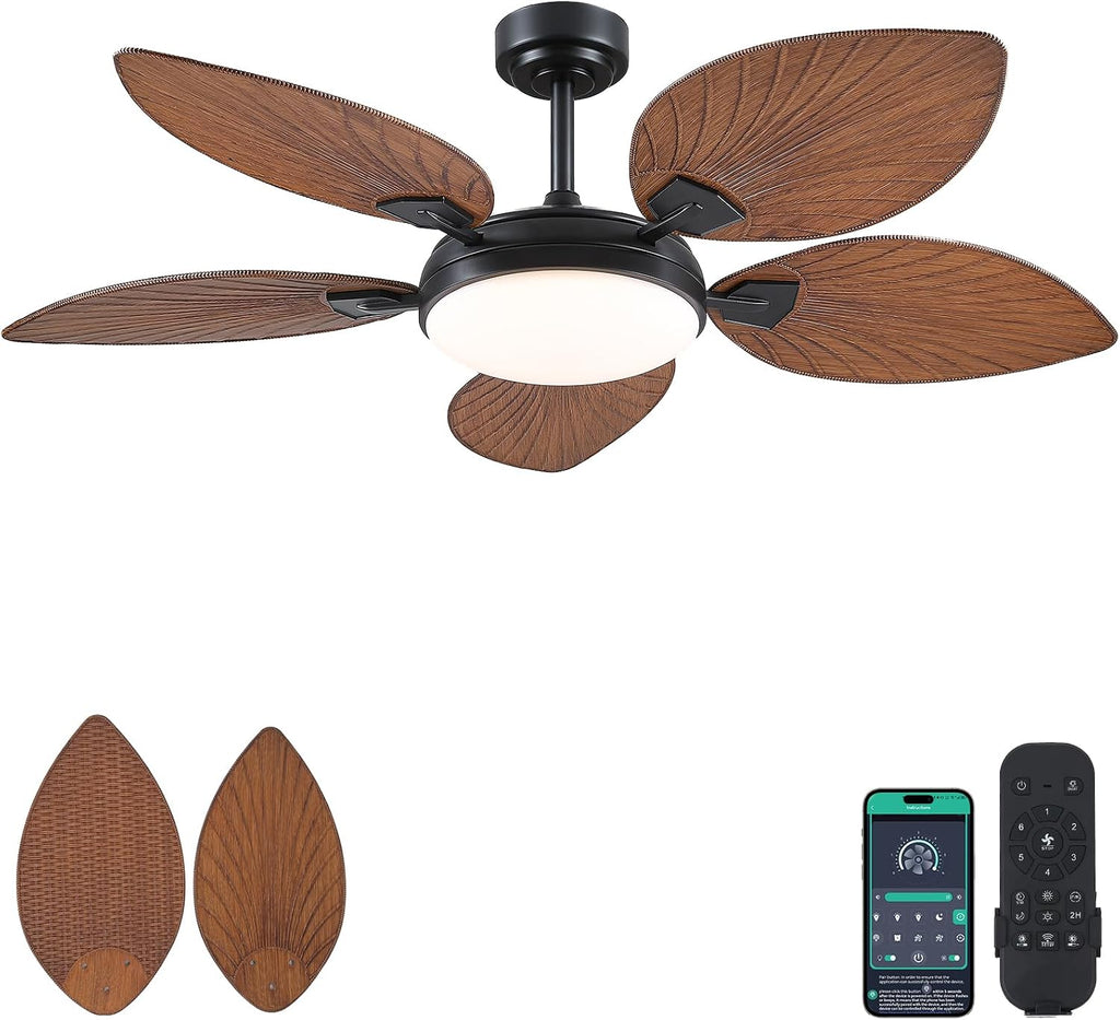 PHORUS 52' Tropical Outdoor Ceiling Fans with Lights and Remote,Palm Leaf Ceiling Fan for Patios Porch Patio, Dimmable, 6 Speeds, Reversible, Dark Brown