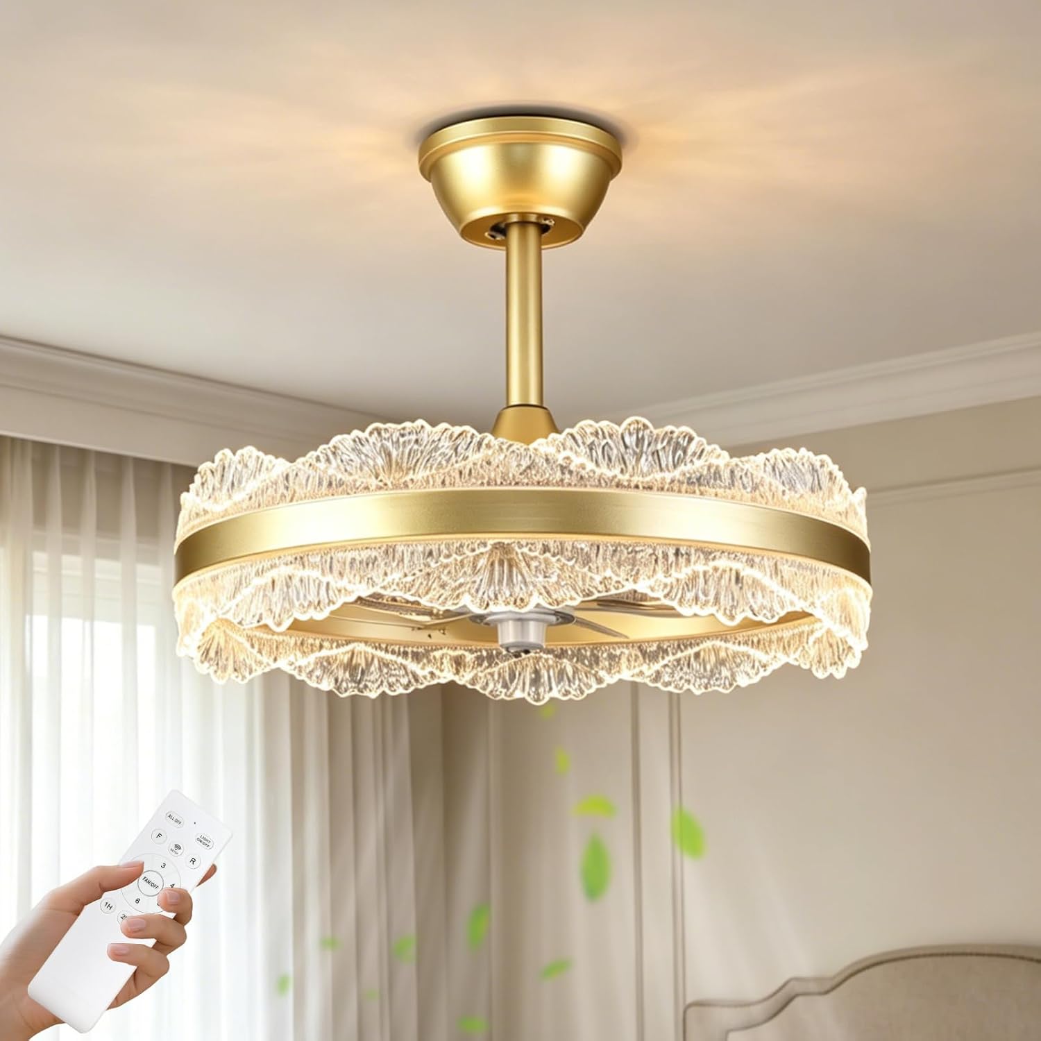 Depuley Fandelier Ceiling Fans with Lights: 20' Gold Cagd Fan with Remote Control - Crystal Chandelier Fan Light for Girl's Bedroom Living Room Nursery