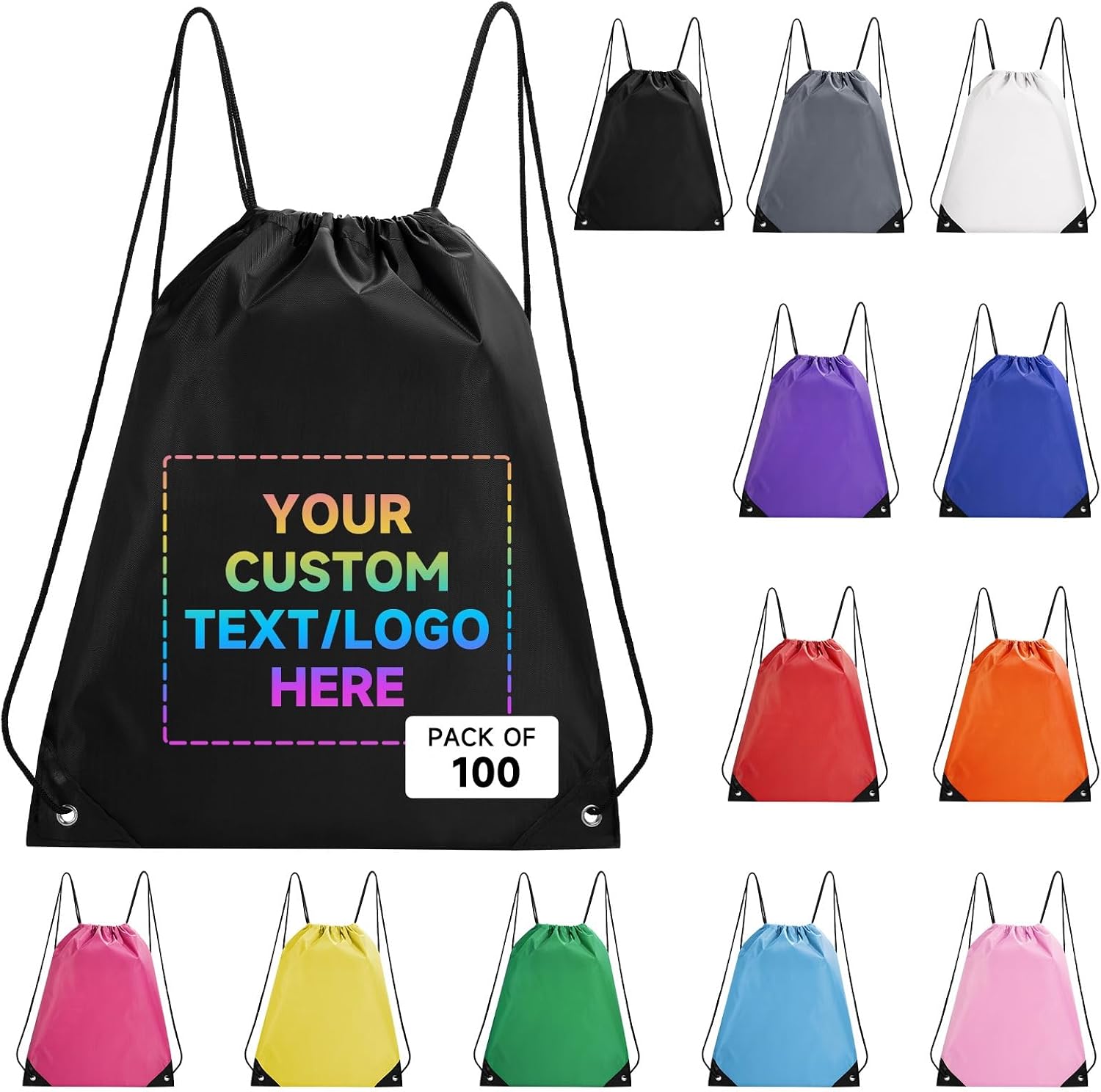 Custom Bags With Logo 100 Pack,Promotional Items Personalized Drawstring Backpack Bags Great for Gym and Everyday Use (Black)