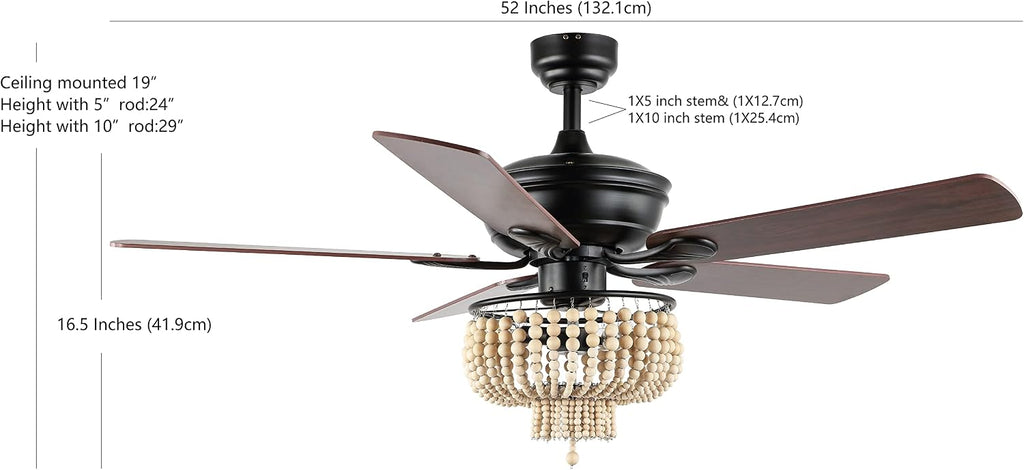 JONATHAN Y 52' Black 3-Light Iron and Wood Bead LED Ceiling Fan, Farmhouse Rustic Bohemian Style with Remote Control and Reversible Blades, LED Bulbs Included JYL9617A