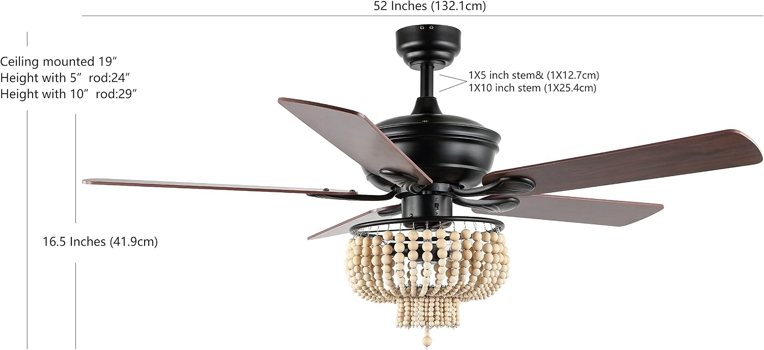 JONATHAN Y 52' Black 3-Light Iron and Wood Bead LED Ceiling Fan, Farmhouse Rustic Bohemian Style with Remote Control and Reversible Blades, LED Bulbs Included JYL9617A
