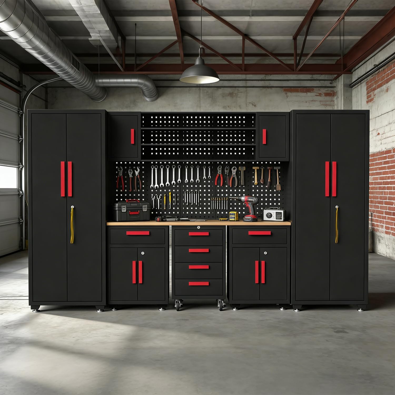 Garage Storage Cabinet System, 9-Pcs Workshop Cabinet Set in Black, Included Steel Cabinets Drawers Rolling Chest and Pegboard,Locked Garage Storage Cabinet,Red Handle