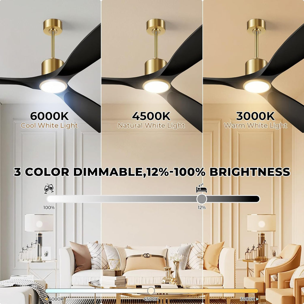 Ceiling Fans with Lights, Ceiling Fans with Lights and Remote Control, 60 inch Ceiling Fan with Light, Outdoor Ceiling Fans for Patios 3 Blade Bedroom Living Room-Matte Black and Gold