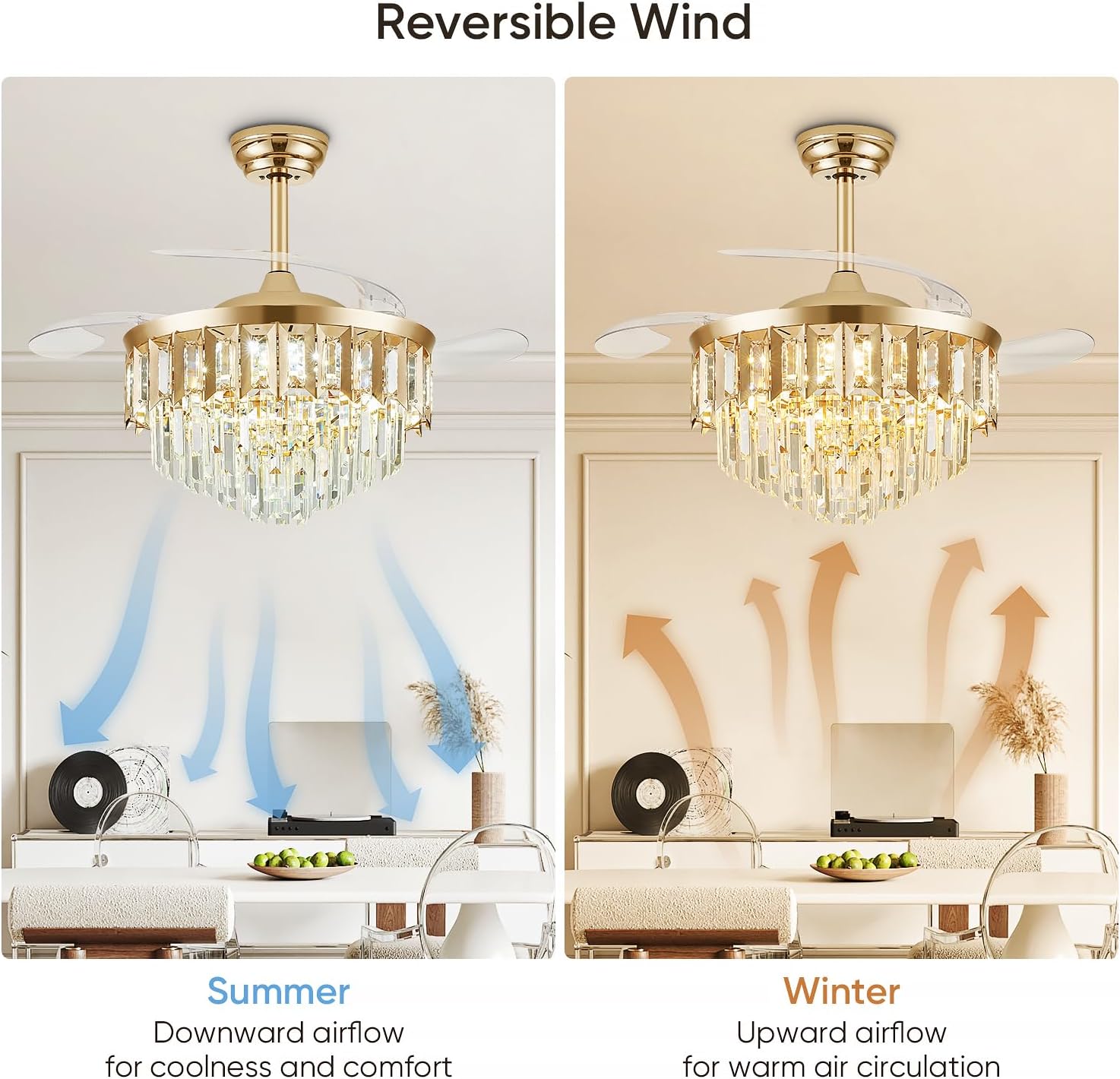 TXCSLY 48' Fandelier Ceiling Fan with Light, Crystal Chandelier Fan with Retractable Blades Dimmable Crystal Ceiling Fan Chandelier for Bedroom Living Room Dining Room-Gold