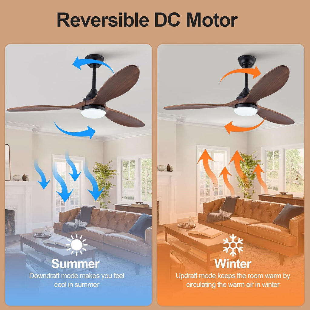 52 Inch Solid Wood Outdoor Ceiling Fans with Lights and Remote,Walnut 3 Blades,Dimmable,6 Speed Quiet DC Motor, Indoor Outdoor Ceiling Fan for Patios Bedroom Living Room