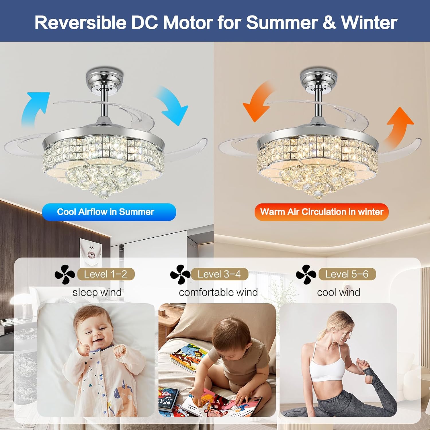 36' RGB Retractable Crystal Ceiling Fan with Light and Speaker Dimmable Bluetooth Chandelier Fan, 6 Speed Timer Fandelier, APP/Remote Control & Speaker for Bedroom,Silver