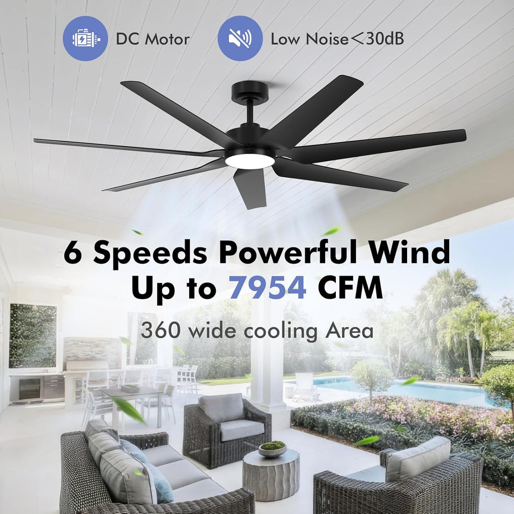 65 Inch All-Weather Outdoor Ceiling Fan with Light and Remote wet-rated, High CFM, Smart Alexa/App Control Energy Efficient & Quiet DC Motor, 7 Large Black Waterproof Blade for Patio, Porch, Garage