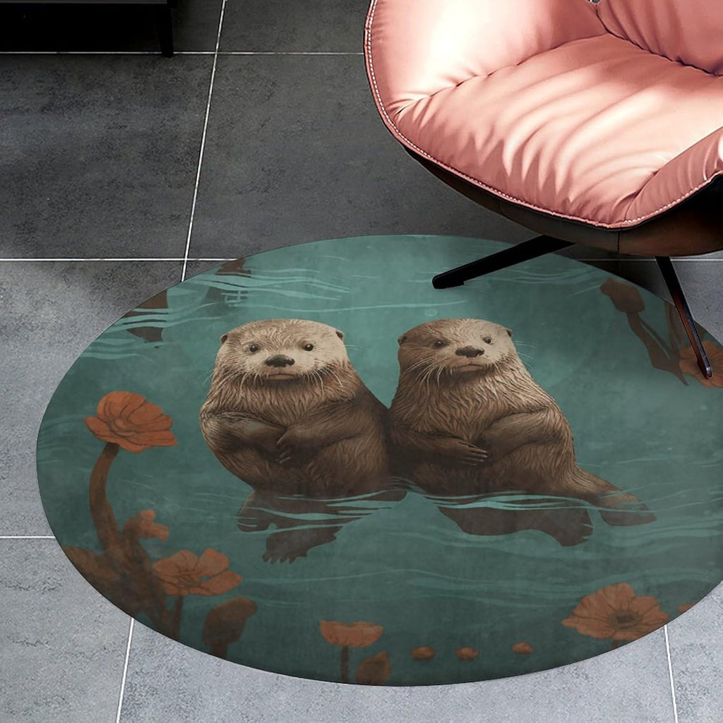 Otters in Love Coral Velvet Round Floor Mat Non-Slip Bath Rug Floor Covering for Bathroom Vanity Guest Suite & Vacation Home