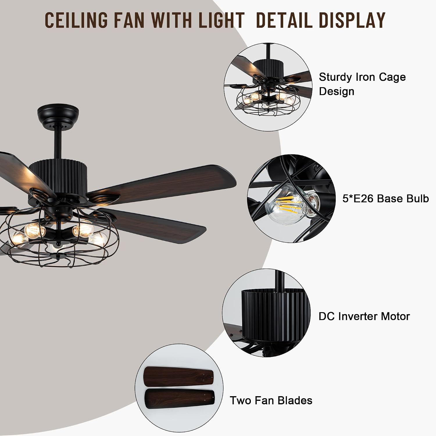52' Farmhouse Ceiling Fans with Lights and Remote,Industrial Caged Rustic Retro Chandelier Ceiling Fan with Reversible Motor,5 Double Colour Blades for Dining Room Living Room Bedroom