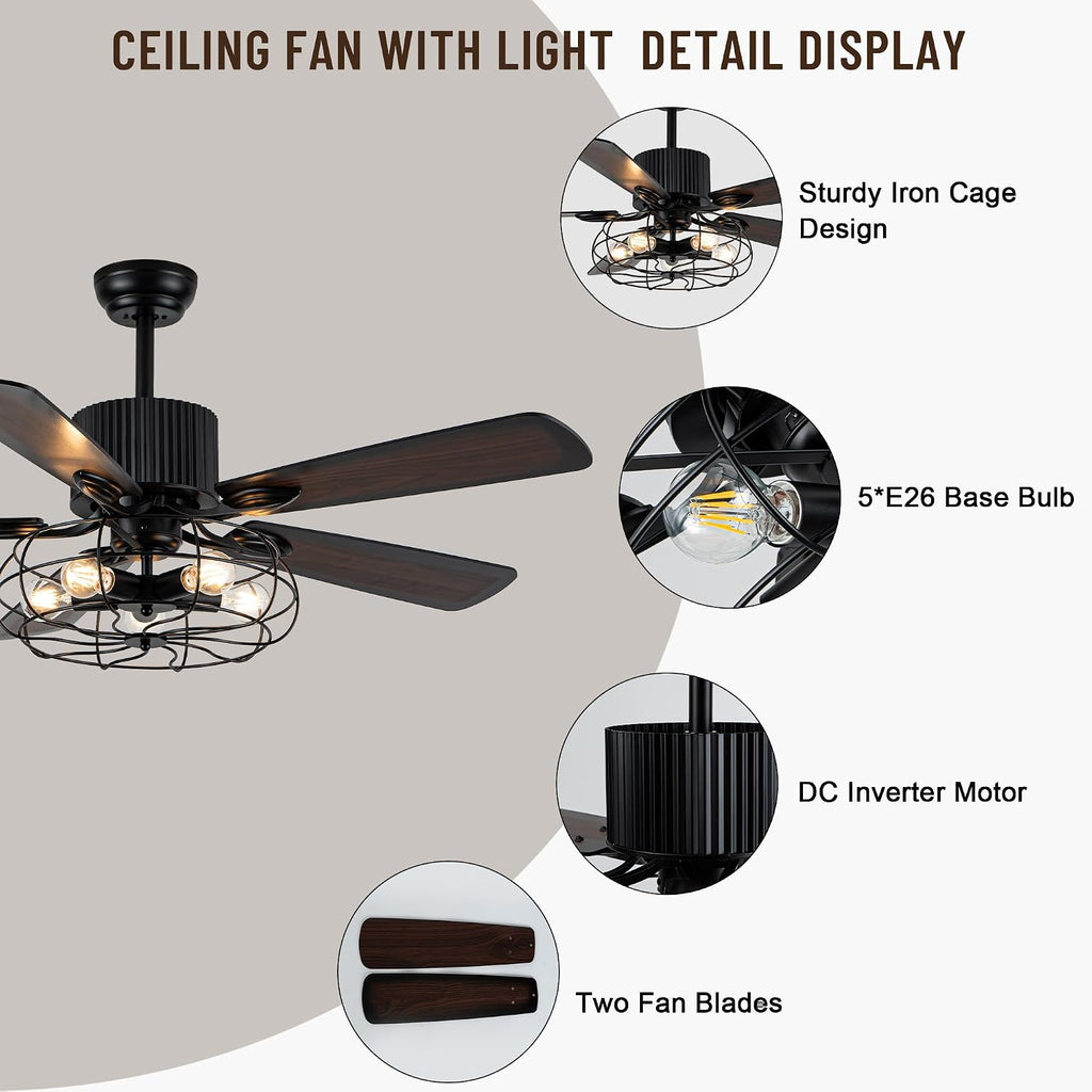 52' Ceiling Fans with Lights and Remote,Industrial Caged Rustic Retro Chandelier Ceiling Fan with Reversible Motor,8 Double Colour Blades for Dining Room Living Room Bedroom