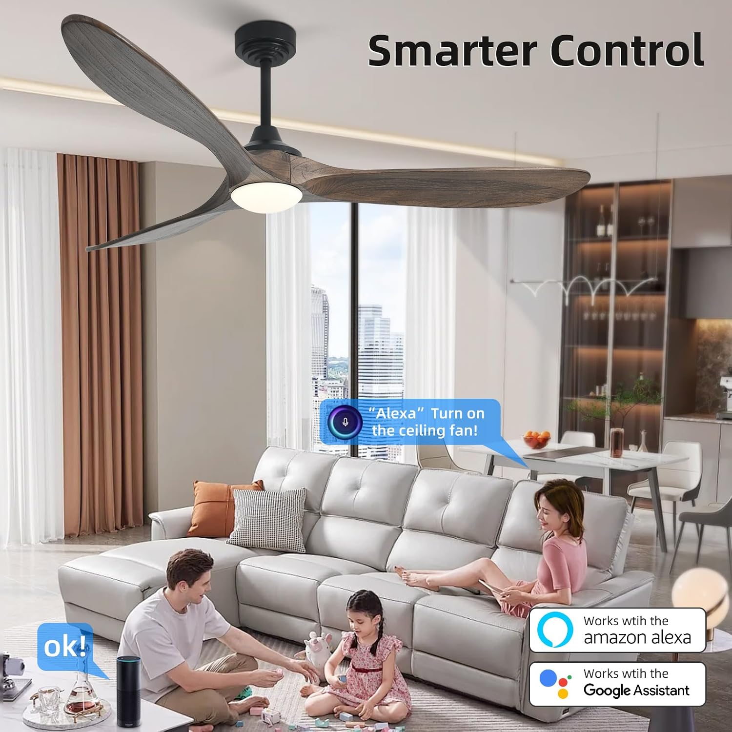 60' Outdoor Ceiling Fan with Light 3 Downrods, Smart Wood Ceiling Fan Compatible with Alexa/Google/App, 3 Blades Modern Walnut Wood Ceiling Fans for Kitchen Living Room Patio,Dark Brown