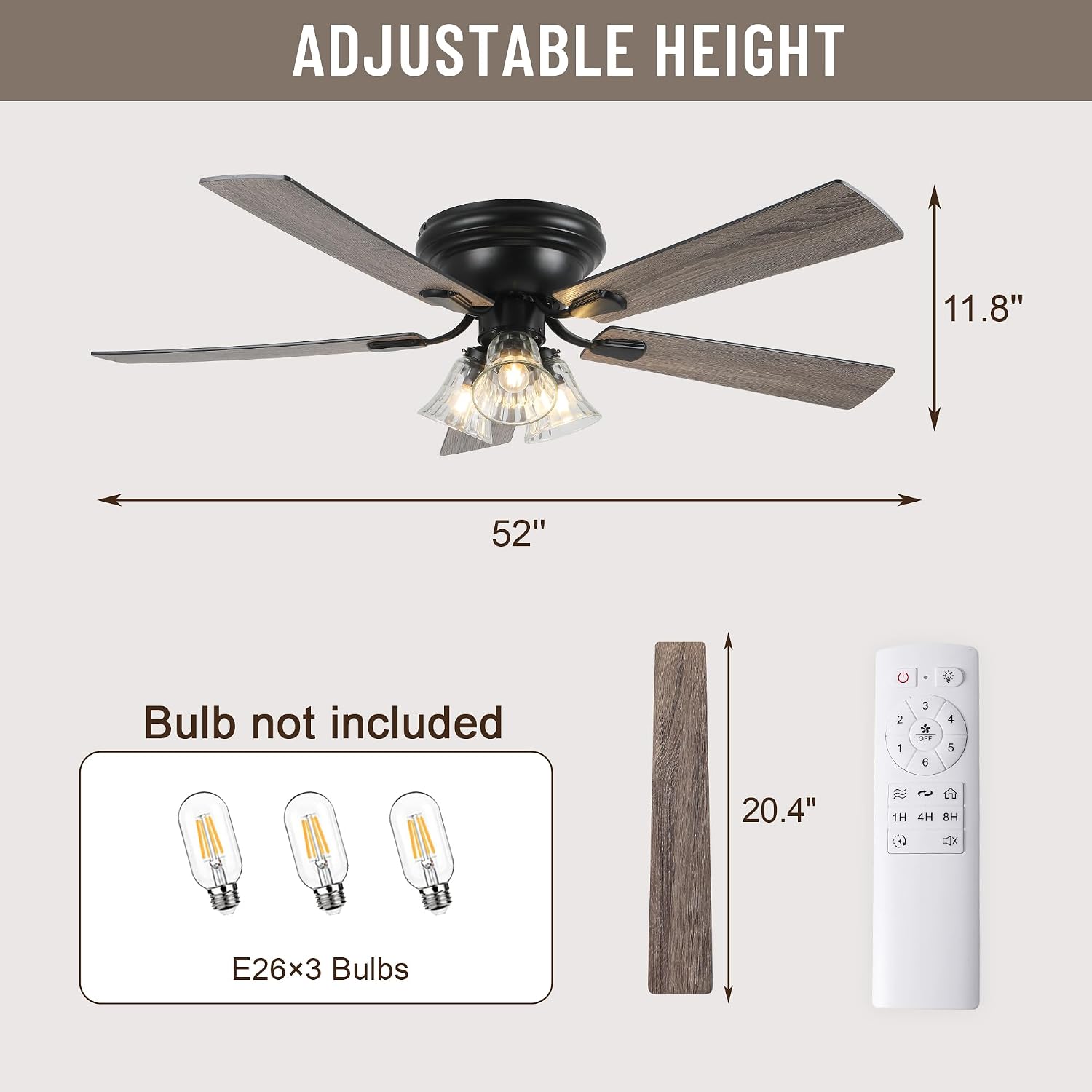 52'' Flush Mount Ceiling Fans with Lights and Remote Control,Reversible DC Motor,5 Reversible Blade,6 Speeds,Rustic Farmhouse Ceiling Fan for Living Room,Dining Room,Bedroom