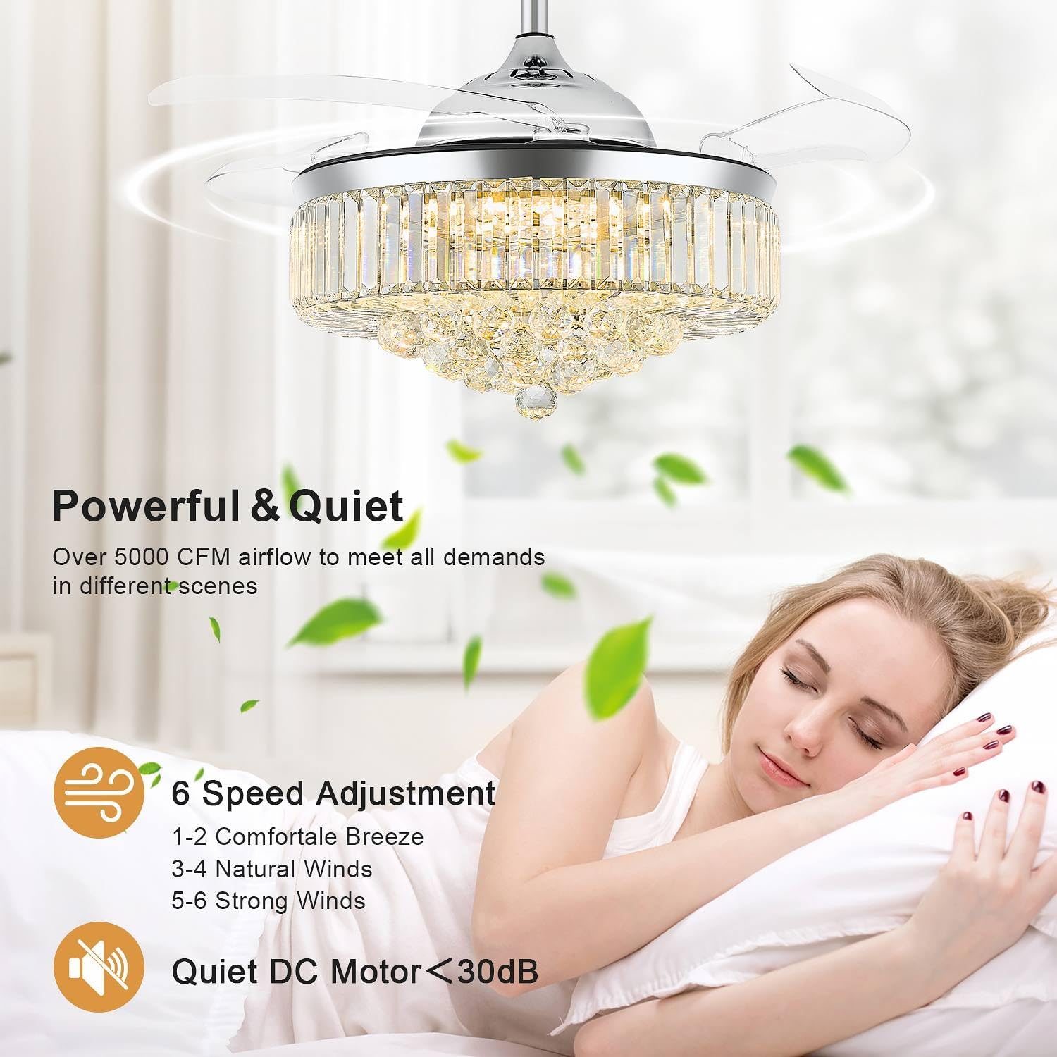 FIDGRA 42'' Fandelier Ceiling Fan with Light, Retractable Chandelier Fan, 3 Color Temperature, 6 Wind Speed, Crystal Ceiling Fan for Bedroom Living Room Dining Room-Chrome