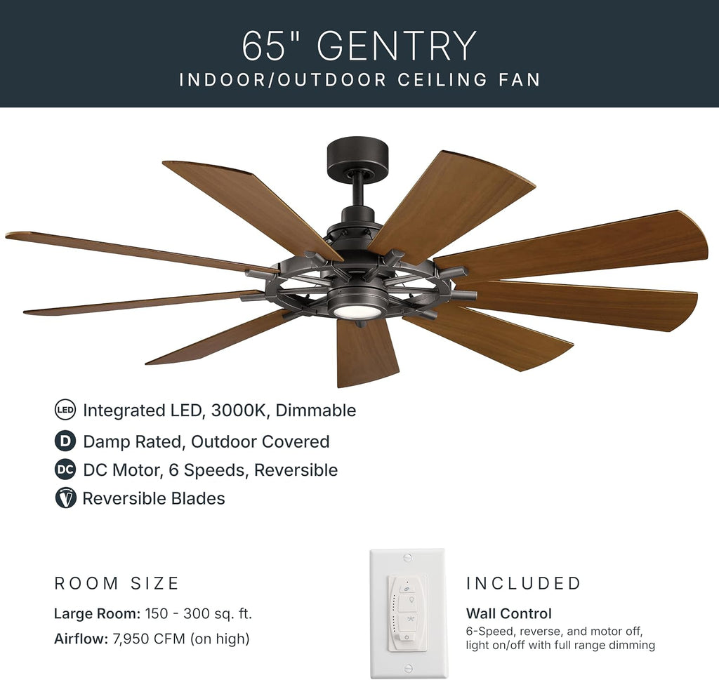 Kichler Gentry XL 65' Ceiling Fan with Lights, 1-Light LED, 3000K, 9-Blade Modern Industrial Fan for Bedroom in Anvil Iron, (65' W x 16.5' H), 300265AVI