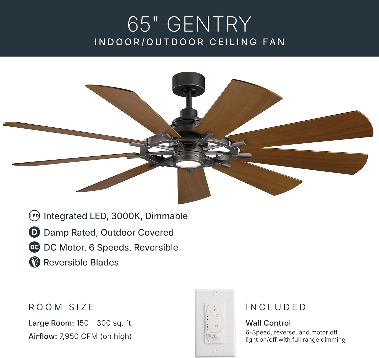 Kichler Gentry XL 65' Ceiling Fan with Lights, 1-Light LED, 3000K, 9-Blade Modern Industrial Fan for Bedroom in Anvil Iron, (65' W x 16.5' H), 300265AVI