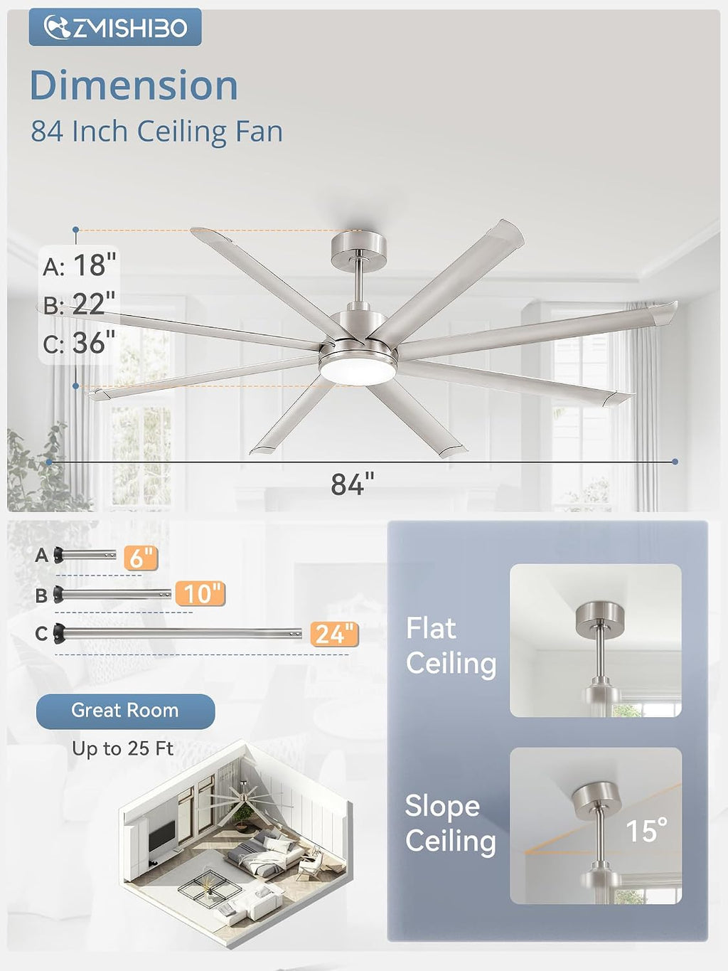 ZMISHIBO 84 Inch Ceiling Fans with Lights, Indoor/Outdoor Industrial Ceiling Fan with 8 Aluminum Reversible Blade, Quiet DC Motor, 3CCT & 6-Speed Remote Control, Damp Rated for Living Room/Garage/Shop