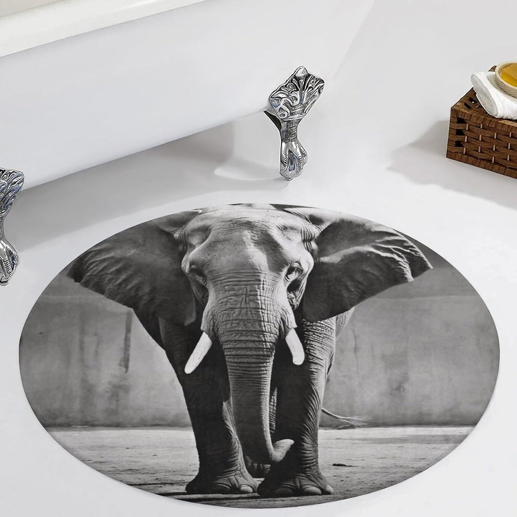 Black and White Elephant Coral Velvet Round Floor Mat Non-Slip Bath Rug Floor Covering for Bathroom Vanity Guest Suite & Vacation Home