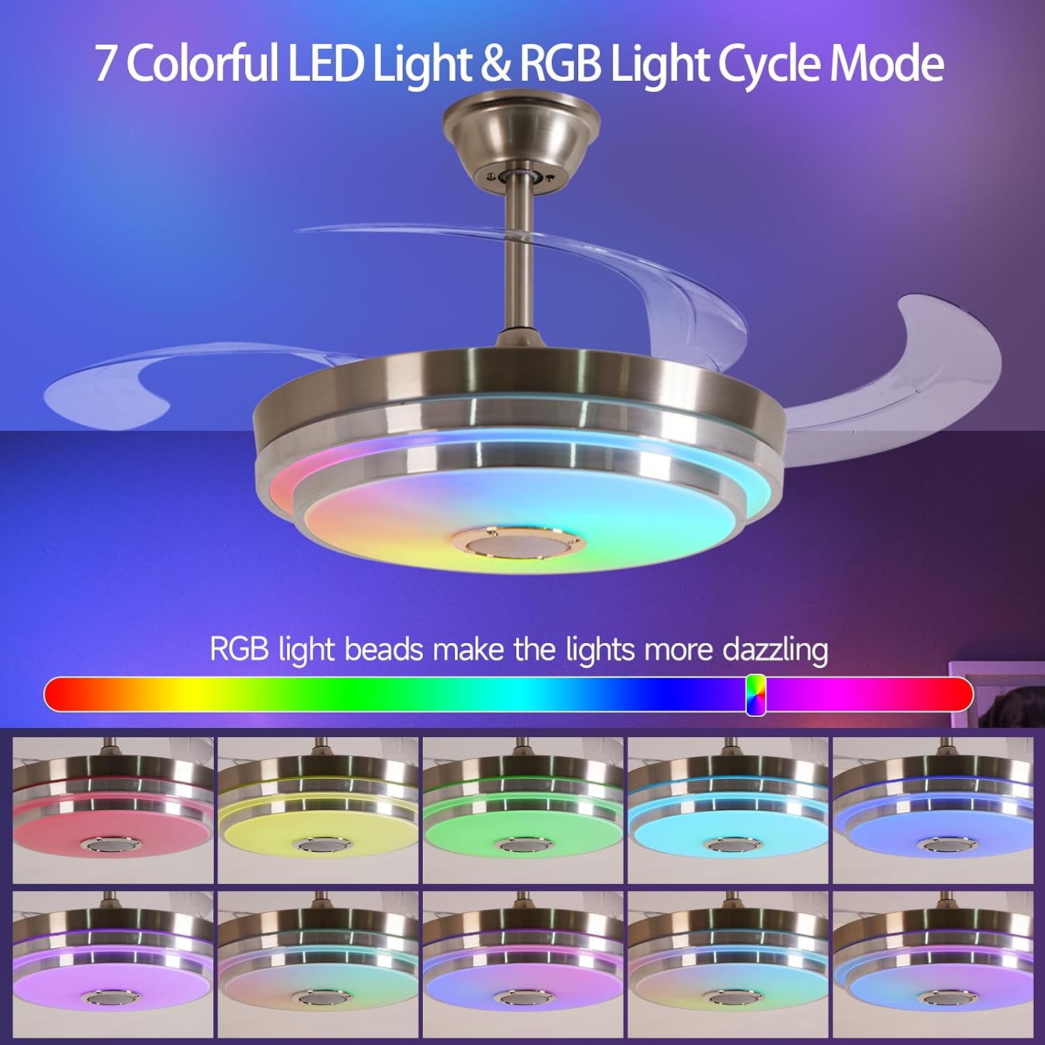 42 Inch RGB Retractable Ceiling Fan with Light, Reversible,Dimmable,Ultra-Quiet Invisible Chandelier Fan with Speaker for Kids Room Living Room Dinner Room,Brushed Nickel