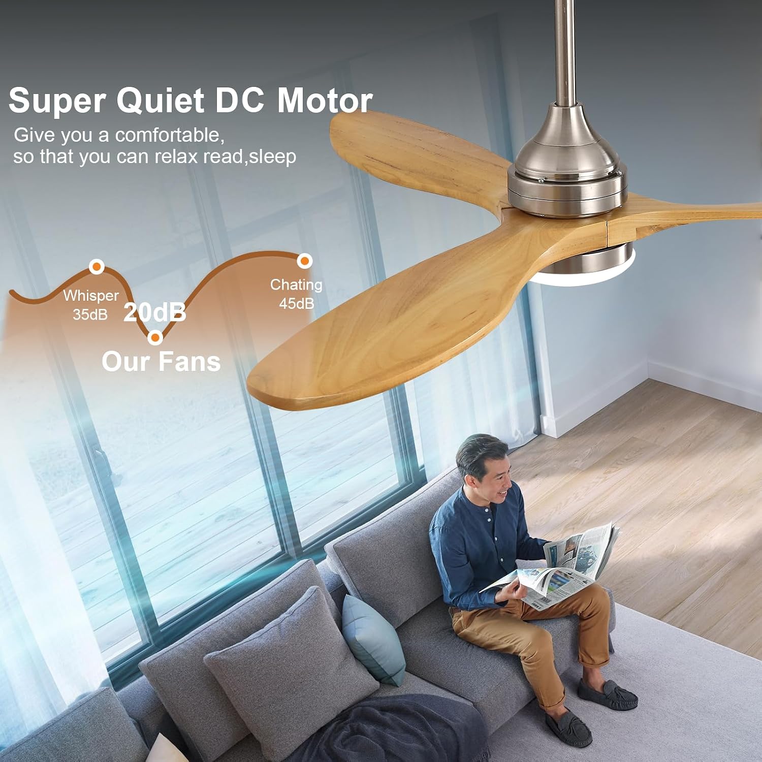 52 Inch Solid Wood Outdoor Ceiling Fans with Lights and Remote,3 Natural Wood Blades,Dimmable,6 Speed Quiet DC Motor, Indoor Outdoor Ceiling Fan for Patios Bedroom Living Room