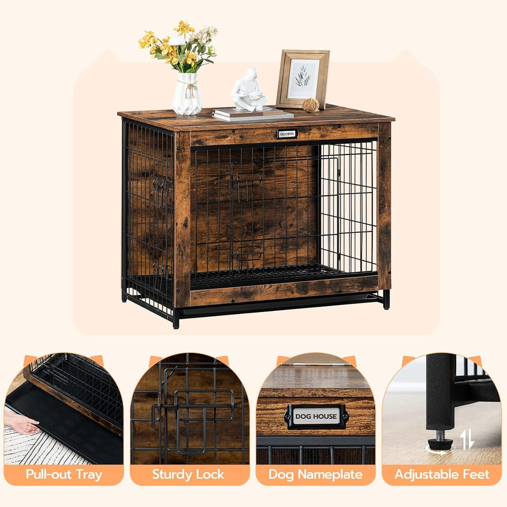 HOOBRO Dog Crate Furniture, 32.5' Medium Dog Kennel Indoor, Wooden Cage with Pull-Out Tray, Double Doors Pet House Side End Table for Medium/Small Dogs, Rustic Brown BF802GW03G1