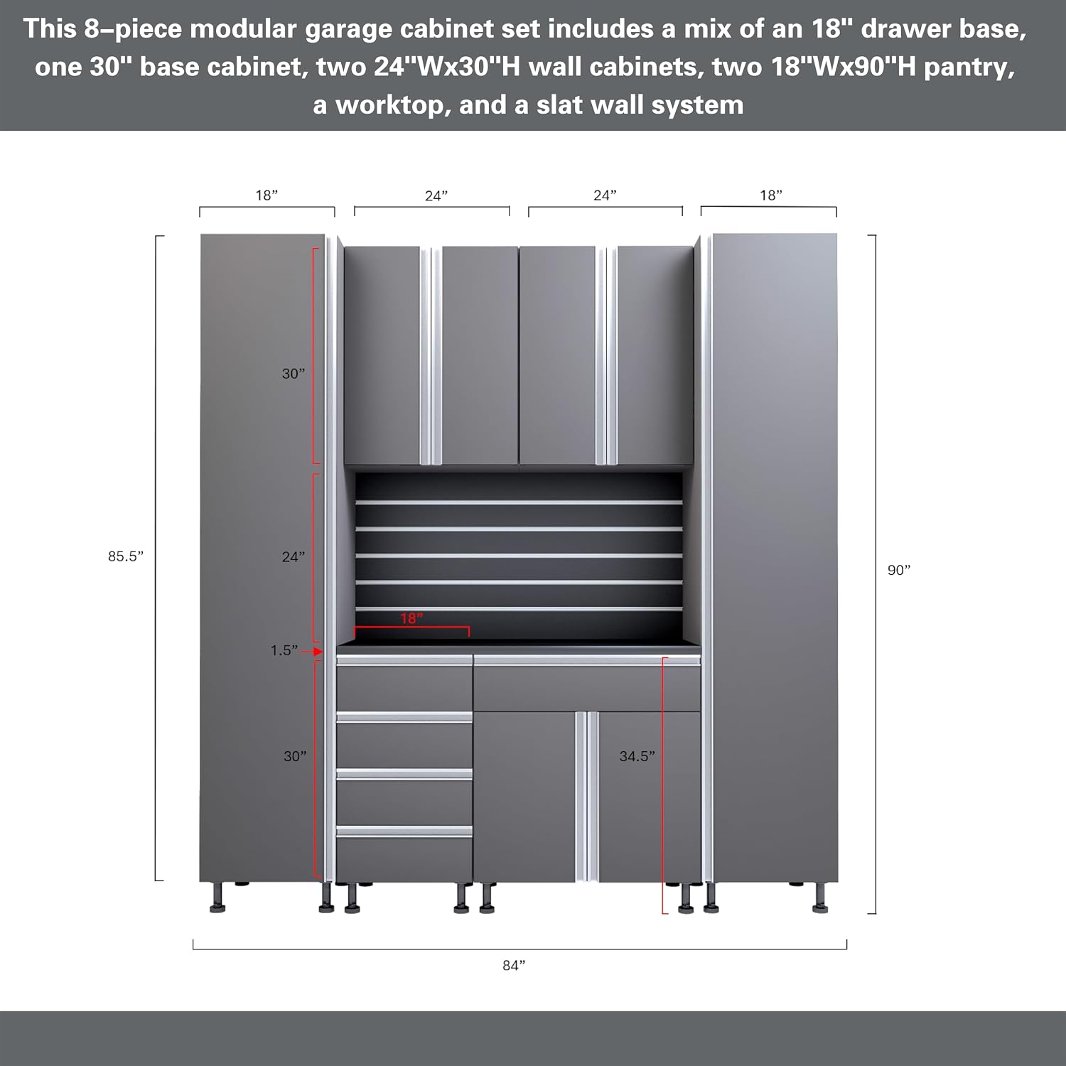 Premium Garage Cabinets 7' Storage Sets Solution with Adjustable Legs, Soft-Close Drawer & Door, Integrated Handles, Heavy Duty Plywood Box Construction, Tool and Equipment Organizer (Combo 7CS-011A)