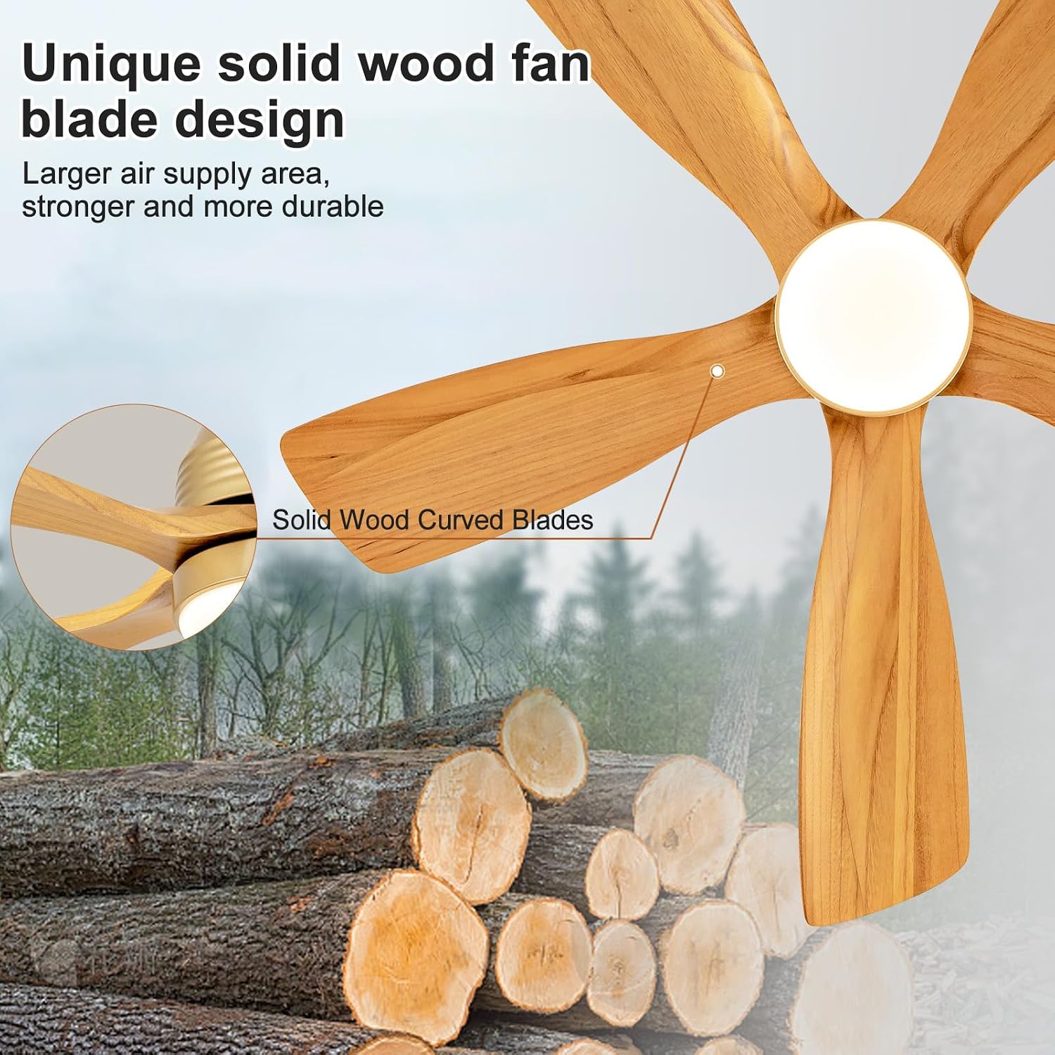 42 Inch Ceiling Fans with Lights and Remote, 5 Blades Wood Ceiling Fan with Light, Dimmable, Wall Switch, Reversible DC Motor, Modern Indoor Outdoor Ceiling Fans for Patios Bedroom (Gold)