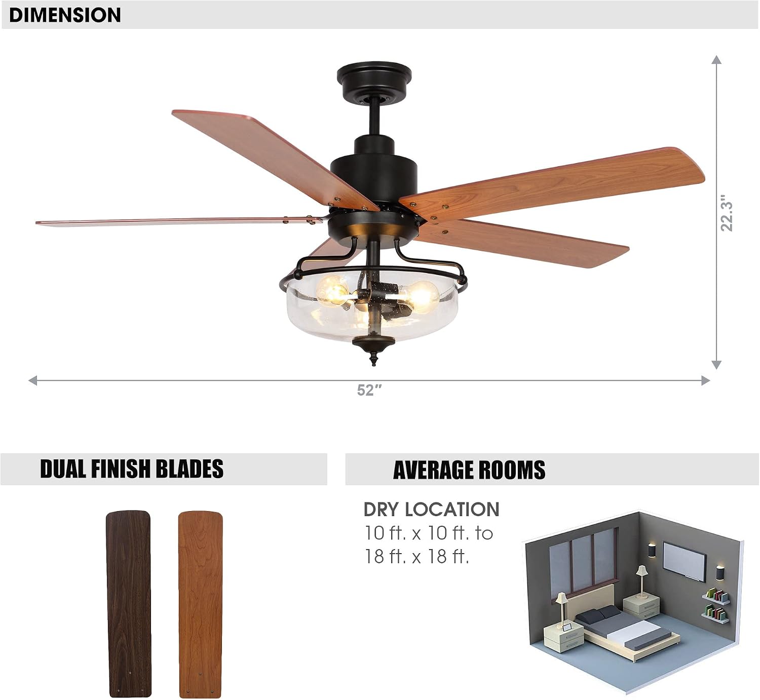 Parrot Uncle Ceiling Fans with Lights and Remote Farmhouse Ceiling Fan with Light 52 Inch Outdoor Ceiling Fans for Patios Covered, Dark Brown/Light Oak