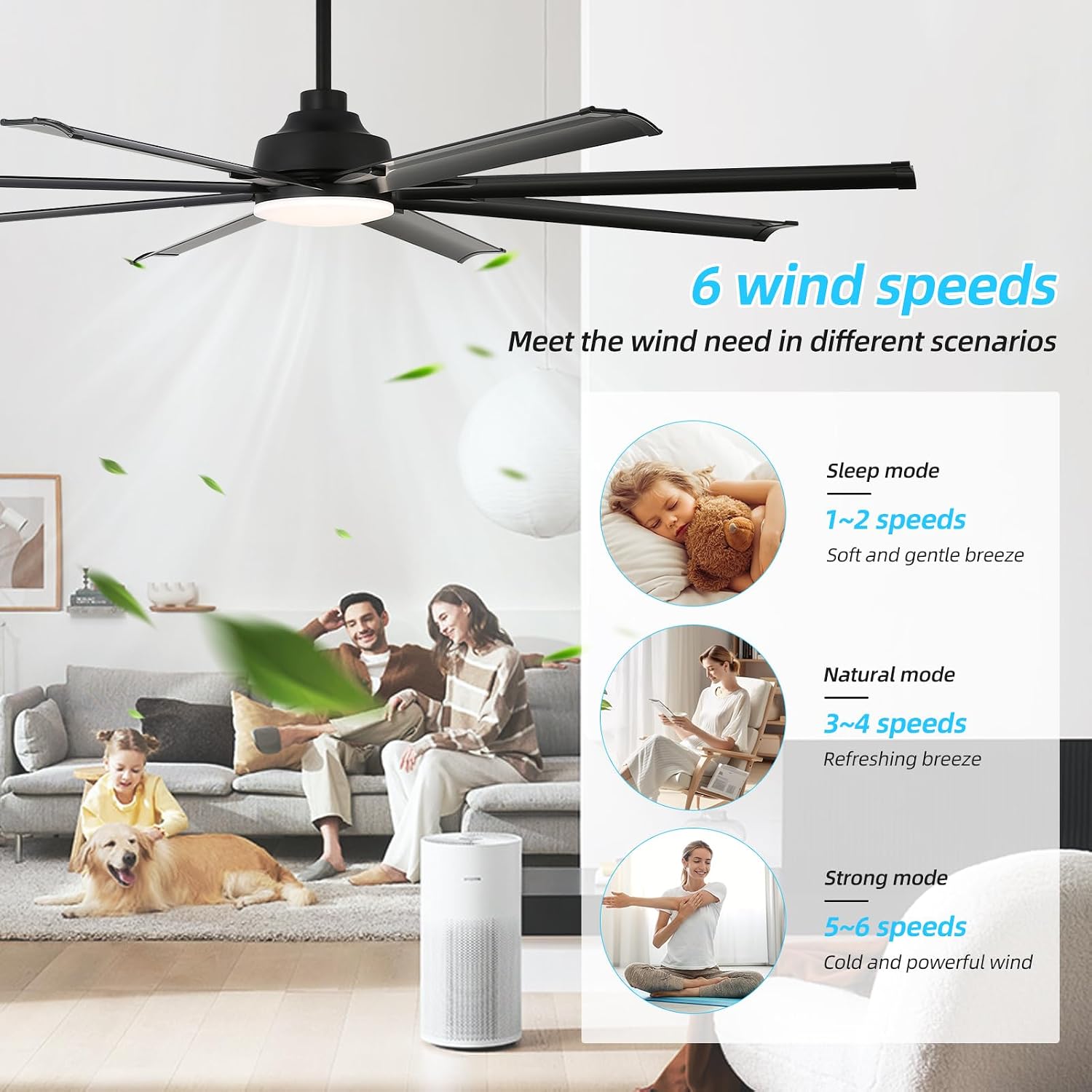72 inch Ceiling Fans with Lights and Remote Control，Large Ceiling Fan with 8 Aluminum Blades, 3CCT, 6-Speed,Black Commercial Ceiling Fan for Porch/Garage/Shop/Living Room
