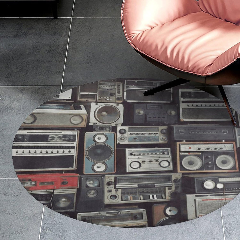 Vintage Wall of Radio Boombox Coral Velvet Round Floor Mat Non-Slip Bath Rug Floor Covering for Bathroom Vanity Guest Suite & Vacation Home
