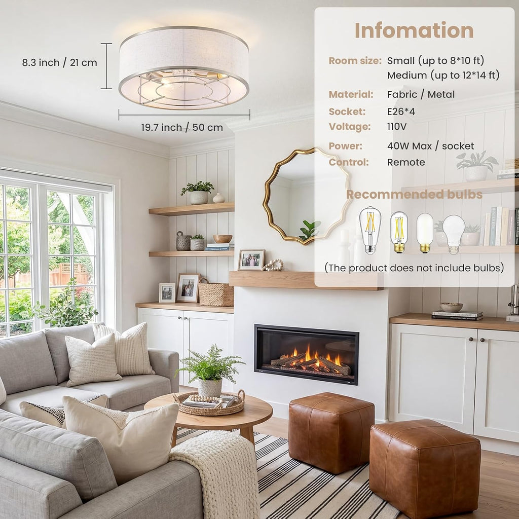 20 Inch Boho Ceiling Fan with Light, Low Profile Flush Mount Caged Ceiling Fan, Bladeless Silver Drum Chandelier with Remote, 6 Speed Reversible DC Motor for Bedroom Living Room, Nursery