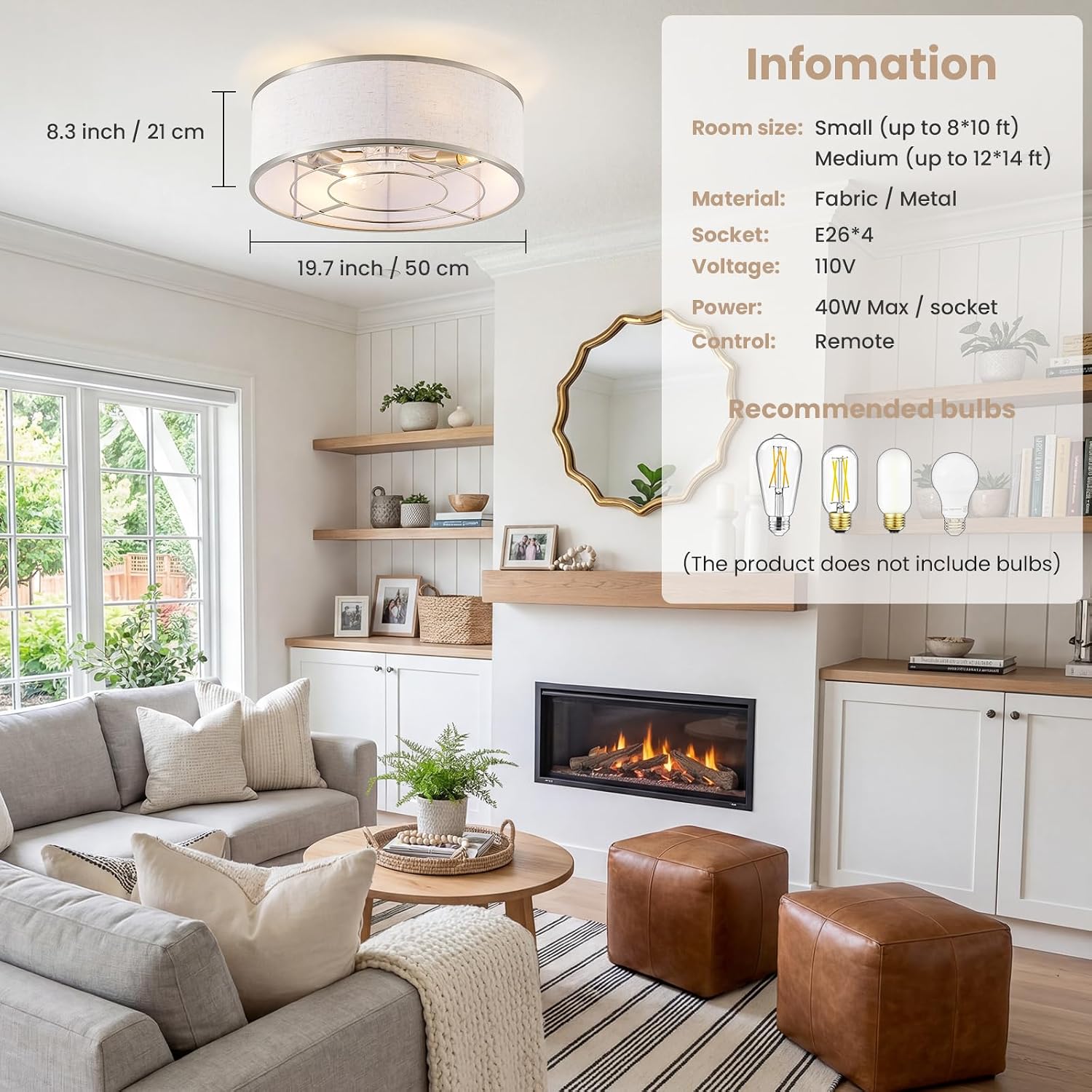 20 Inch Boho Ceiling Fan with Light, Low Profile Flush Mount Caged Ceiling Fan, Bladeless Silver Drum Chandelier with Remote, 6 Speed Reversible DC Motor for Bedroom Living Room, Nursery