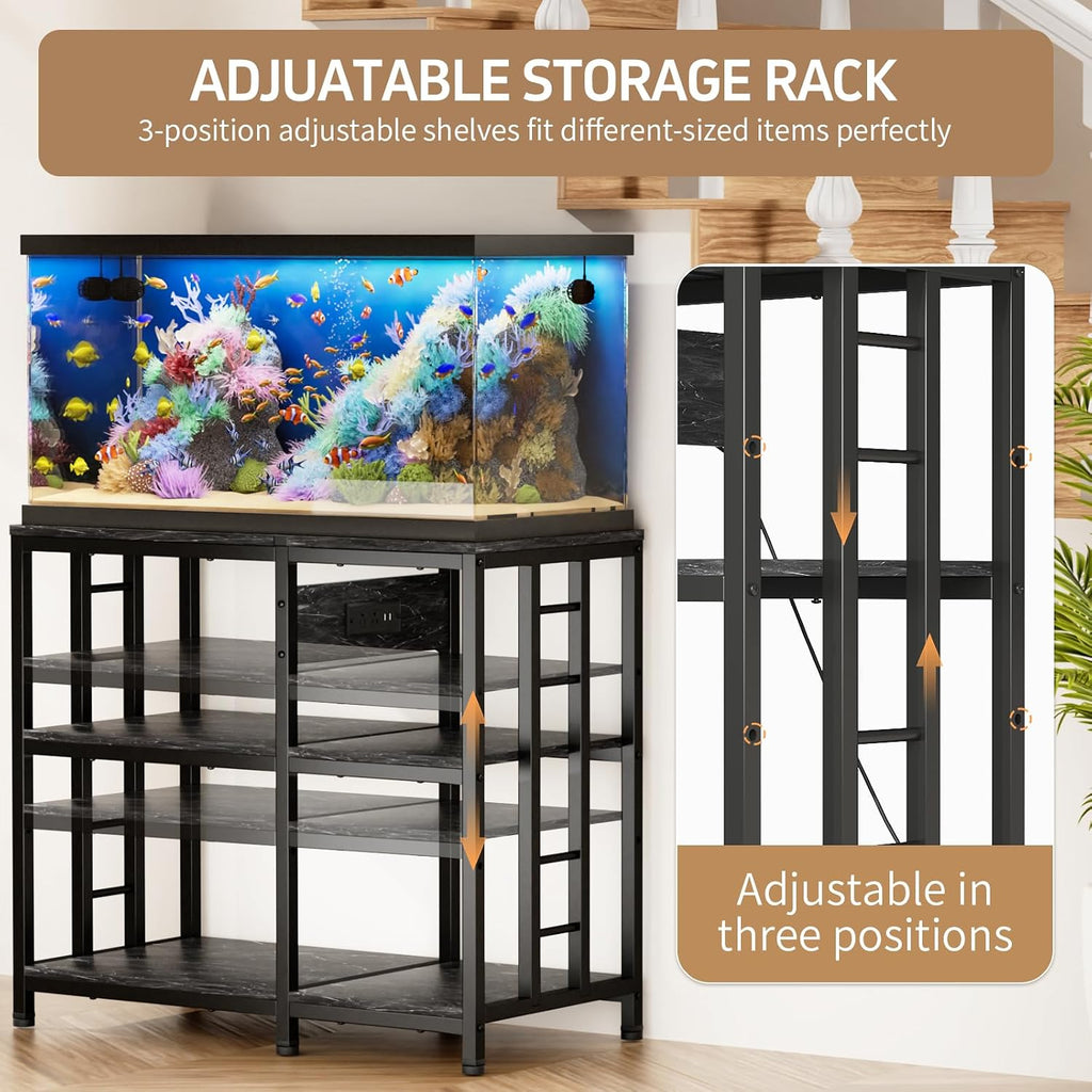 Reinforced 40-50 Gallon Aquarium Stand with Power Outlet | Ultra-Stable 720LBS Capacity Metal Fish Tank Stand for Reptile/Aquatic Setups, 5-Tier Adjustable 37'x19' Steel Shelving System