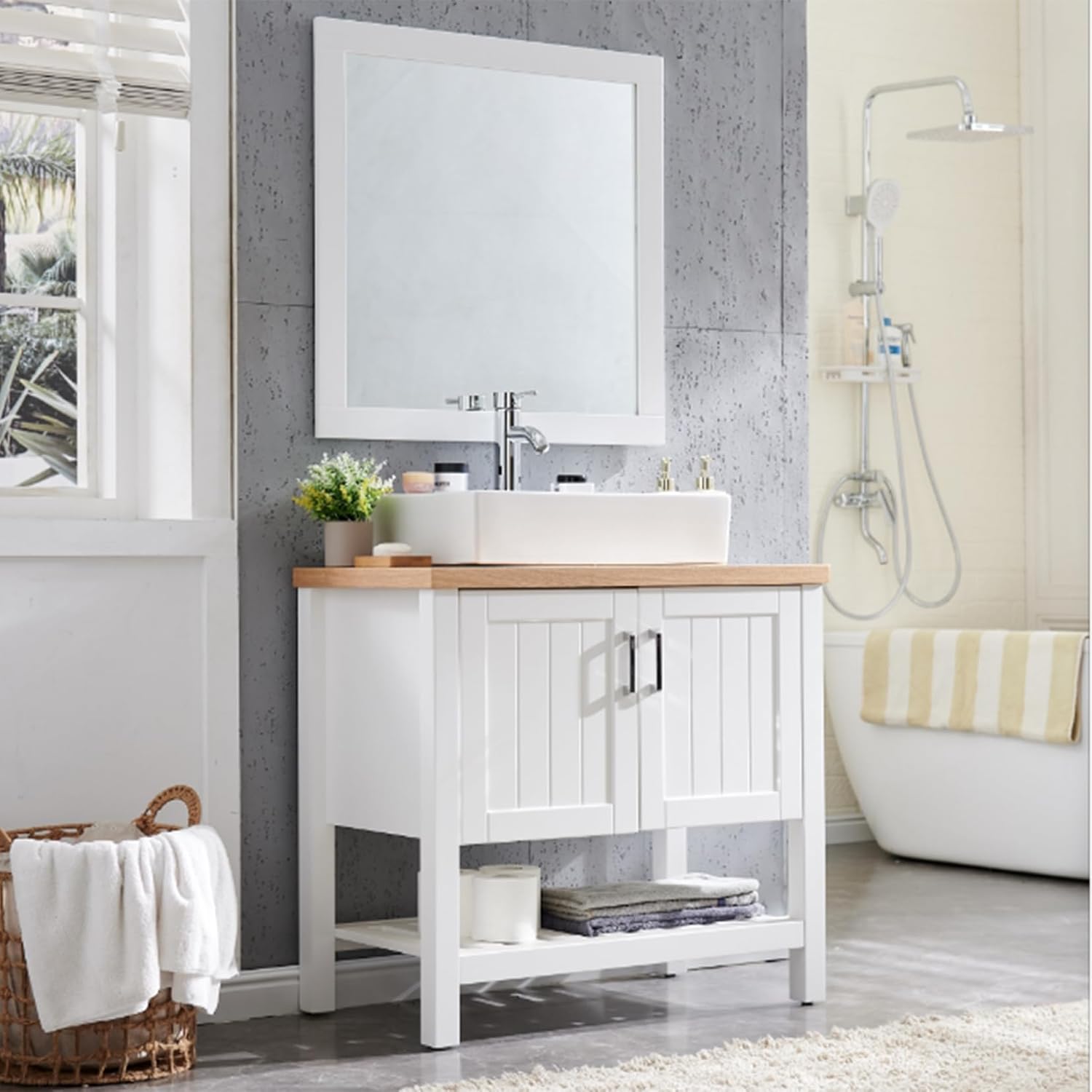 32' Vintage Bathroom Vanity with Sink and Mirror, Farmhouse Bathroom Vanity Set with 2 Doors & Open Storage Shelf for Guest Baths Master Suites or Rental Units, Set