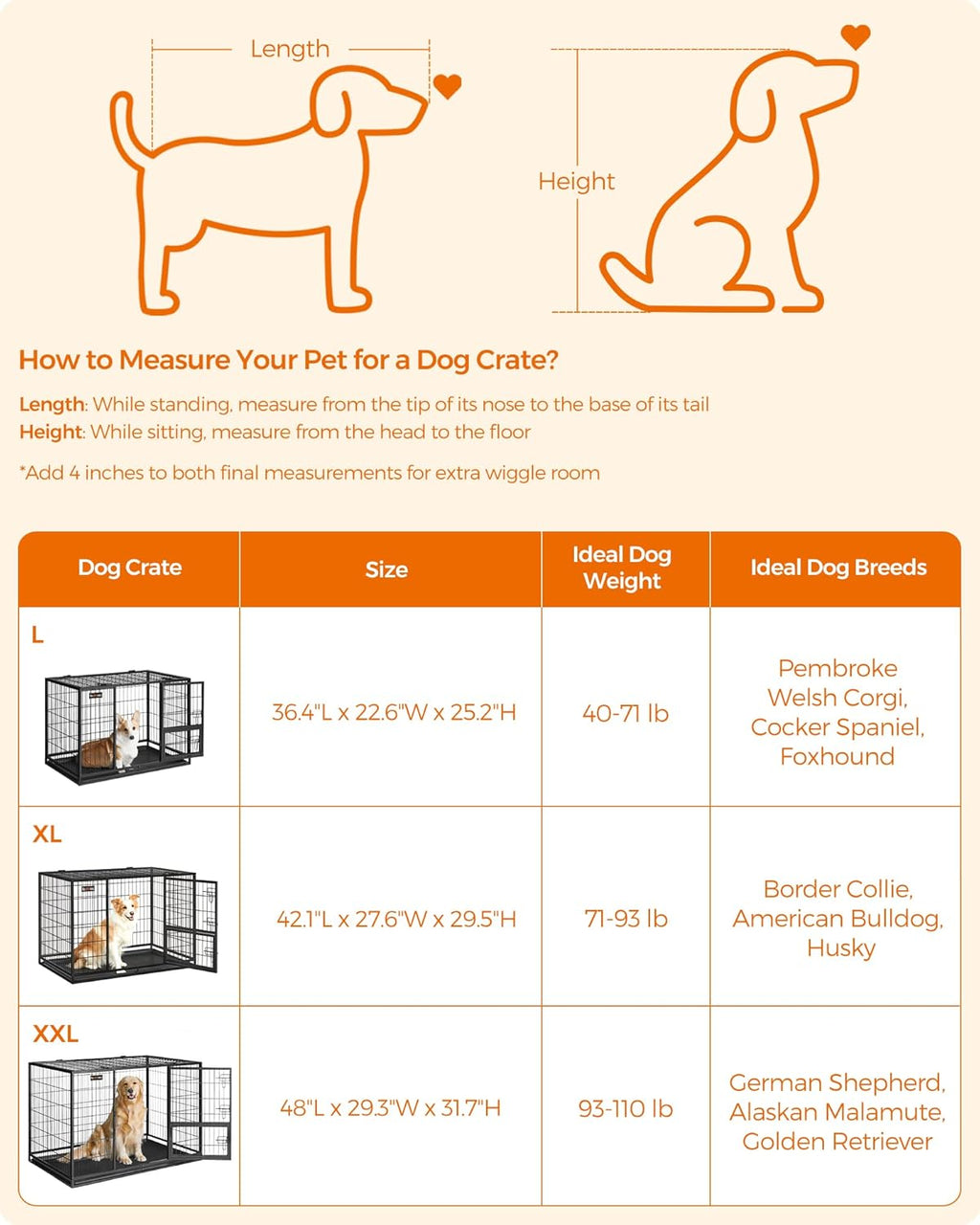 Feandrea 36.4 Inch Heavy Duty Dog Crate, Metal Escape Proof Kennel with Double Doors and Convenient Feeding Door, Removable Tray, Easy to Clean, L Pet Crate for Medium and Small Dogs, Black