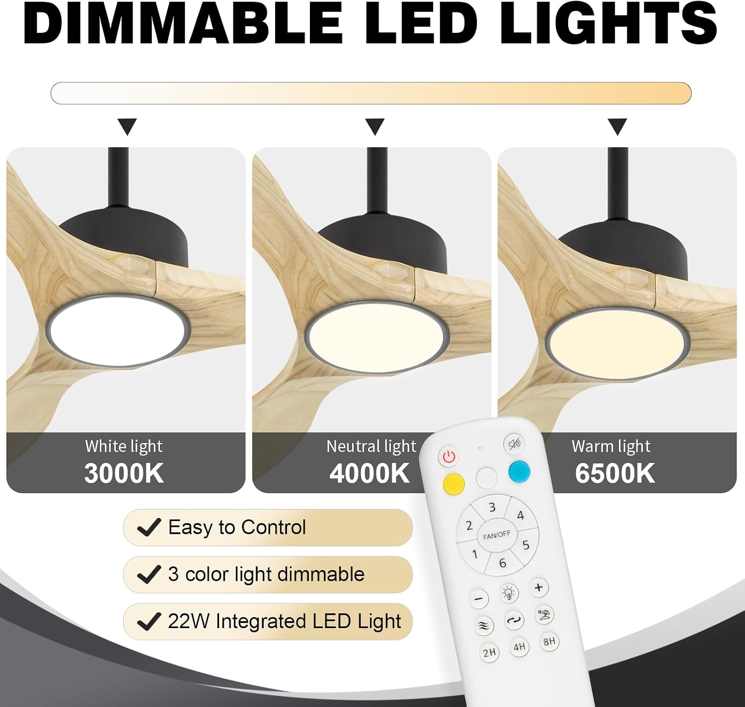 52 inch Ceiling Fans with Lights and Remote, 3 Natural Wood Blades, Modern Indoor/Outdoor Ceiling Fan for Living Room Bedroom Farmhouse Patio, 6 Speeds, Dimmable, Noiseless Reversible DC Motor