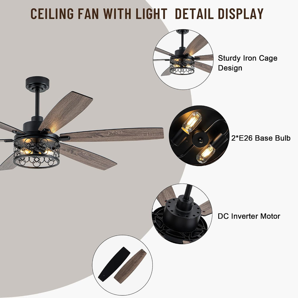 60' Large Ceiling Fans with Lights, Modern Farmhouse Caged Ceiling Fan with Light and Remote, Reversible Motor, 6 Double Finish Wood Blades, Black Rustic Industrial Ceiling Fan for Living Room