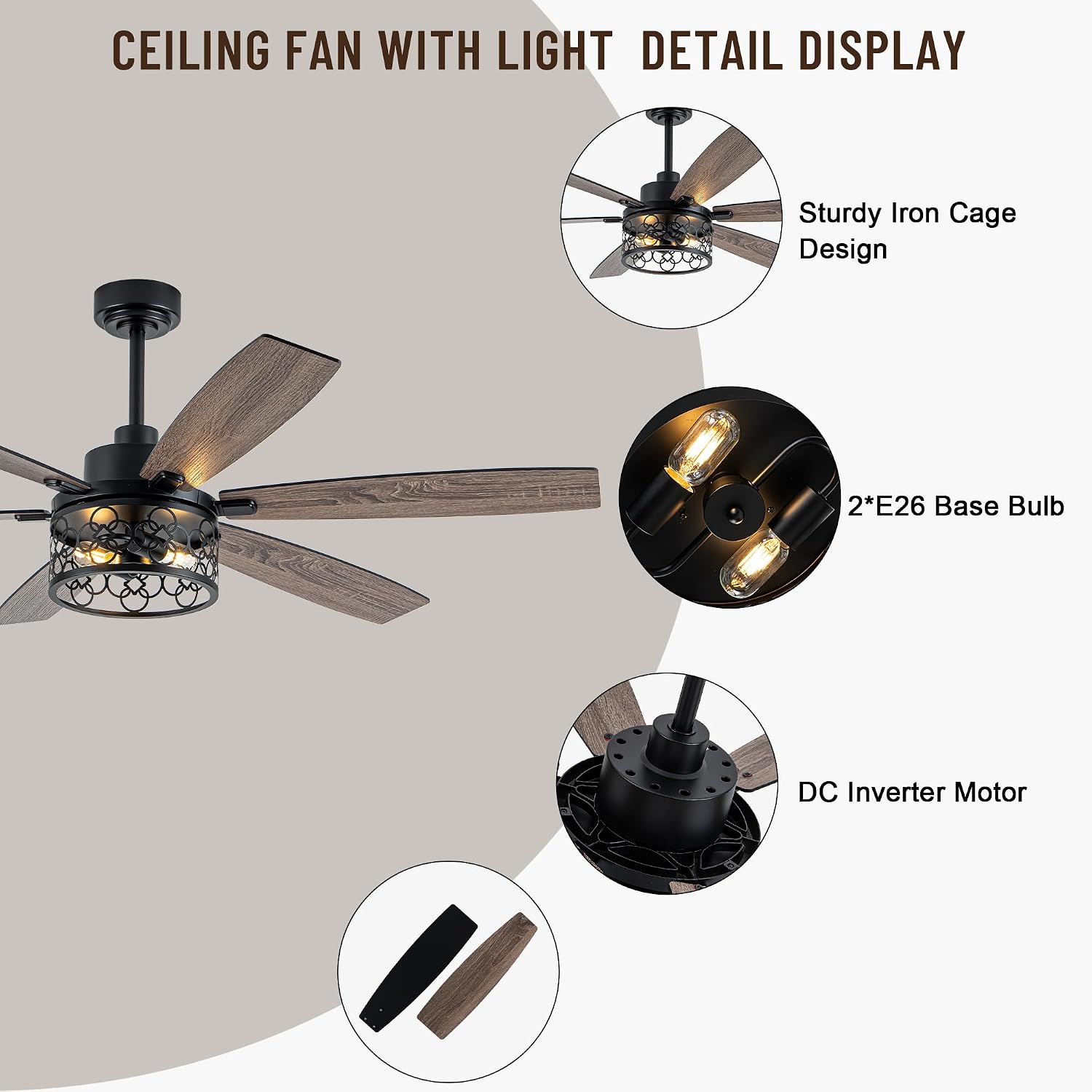 60' Large Ceiling Fans with Lights, Modern Farmhouse Caged Ceiling Fan with Light and Remote, Reversible Motor, 6 Double Finish Wood Blades, Black Rustic Industrial Ceiling Fan for Living Room