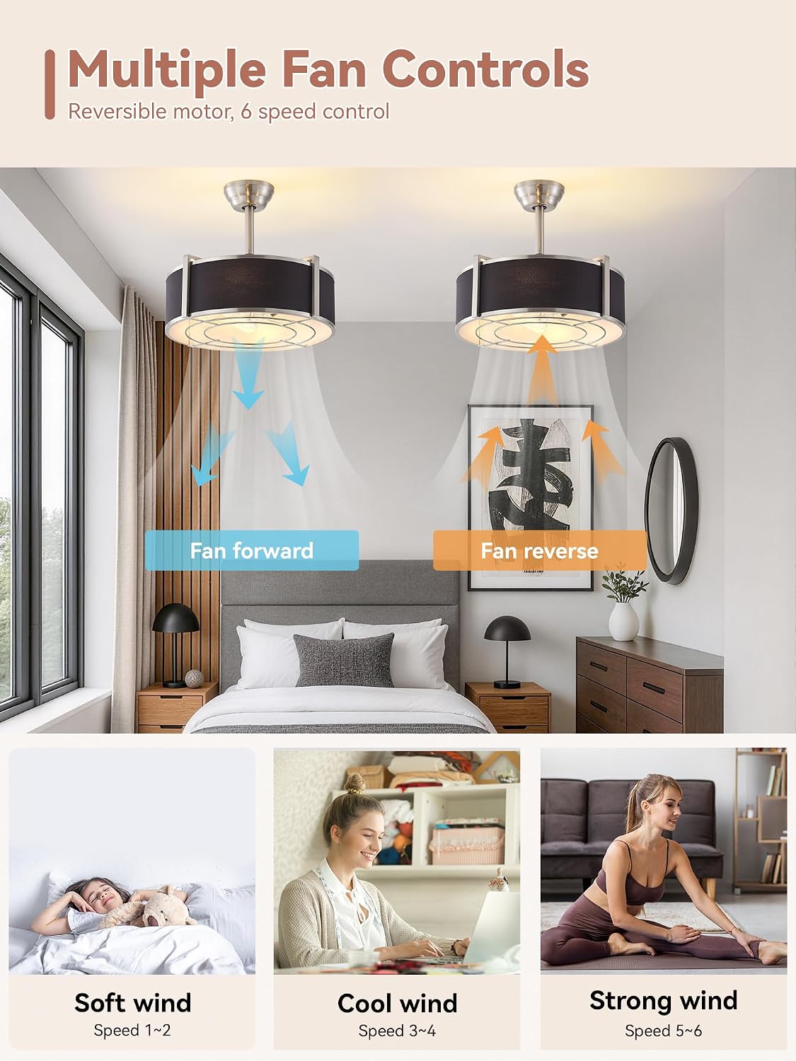20 Inch Gold Fandelier Ceiling Fans with Lights, Gold Chandelier Ceiling Fan with Light Remote Control, Caged Enclosed with 6 Speeds for Bedroom, Nursery, Living Room