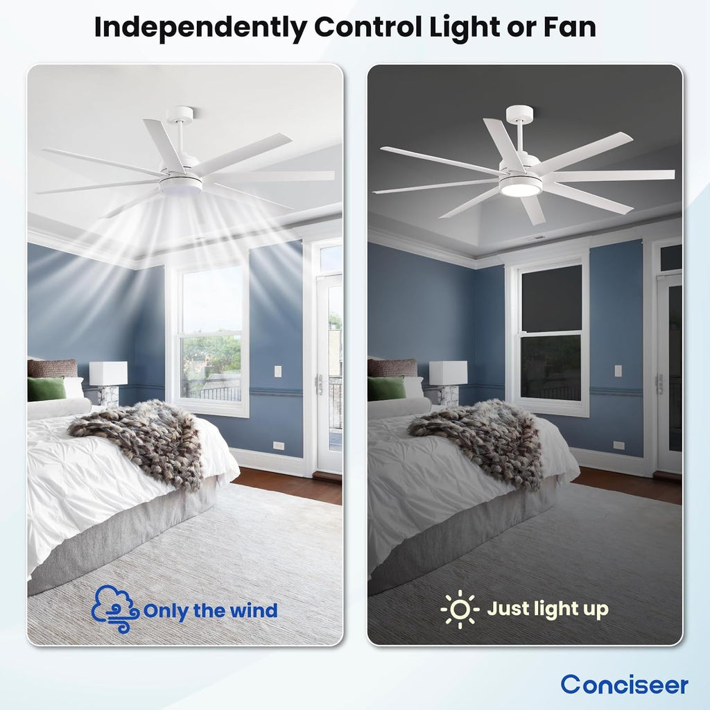 Modern Ceiling Fans with Lights, 65 Inch Ceiling Fan with Light and Remote for Bedroom Living Room Kitchen Office, Indoor/Outdoor Use, 24W 3CCT 8 Blades 6 Speed Reversible Quiet DC Motor, White