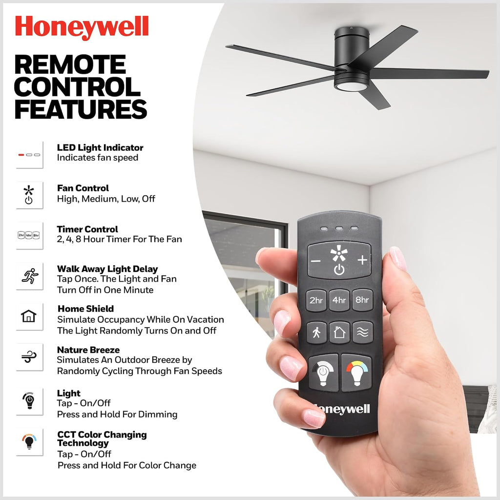 Honeywell Graceshire 52 Inch Ceiling Fan with Color Changing LED Light and Remote Control, 5 Blades, Reversible Airflow, Matte Black