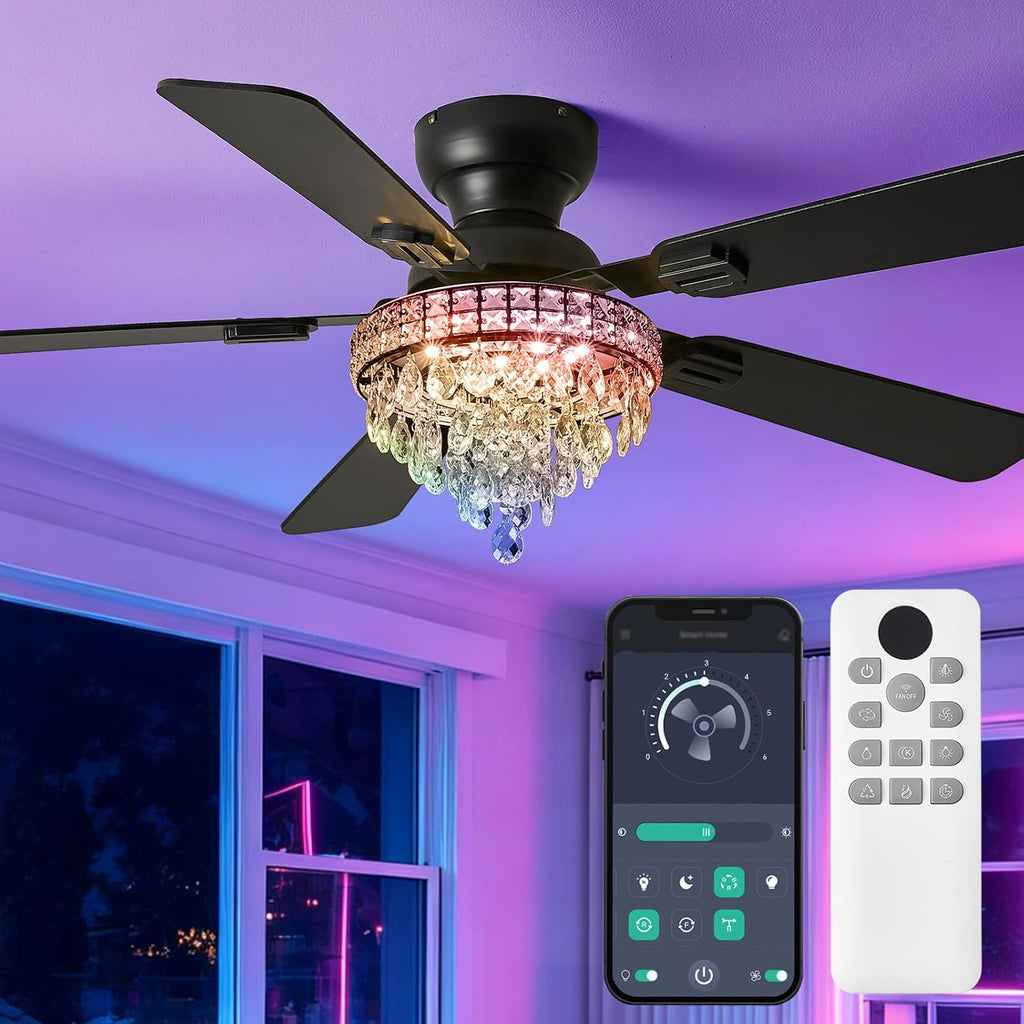 52' Crystal Ceiling Fans with RGB Lights, Remote/App Control, Modern Fandelier Ceiling Fan Flush Mount, Reversible DC Motor, Dimmable, Bedroom Chandelier Fan, (Black)